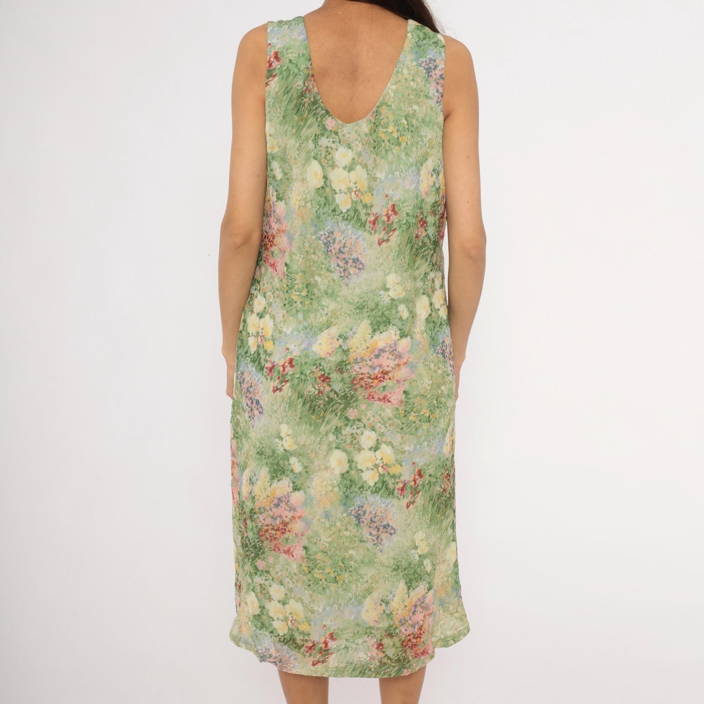 90s K Studio Floral Midi Dress Impressionist Garden Print Green Pink Extra Large