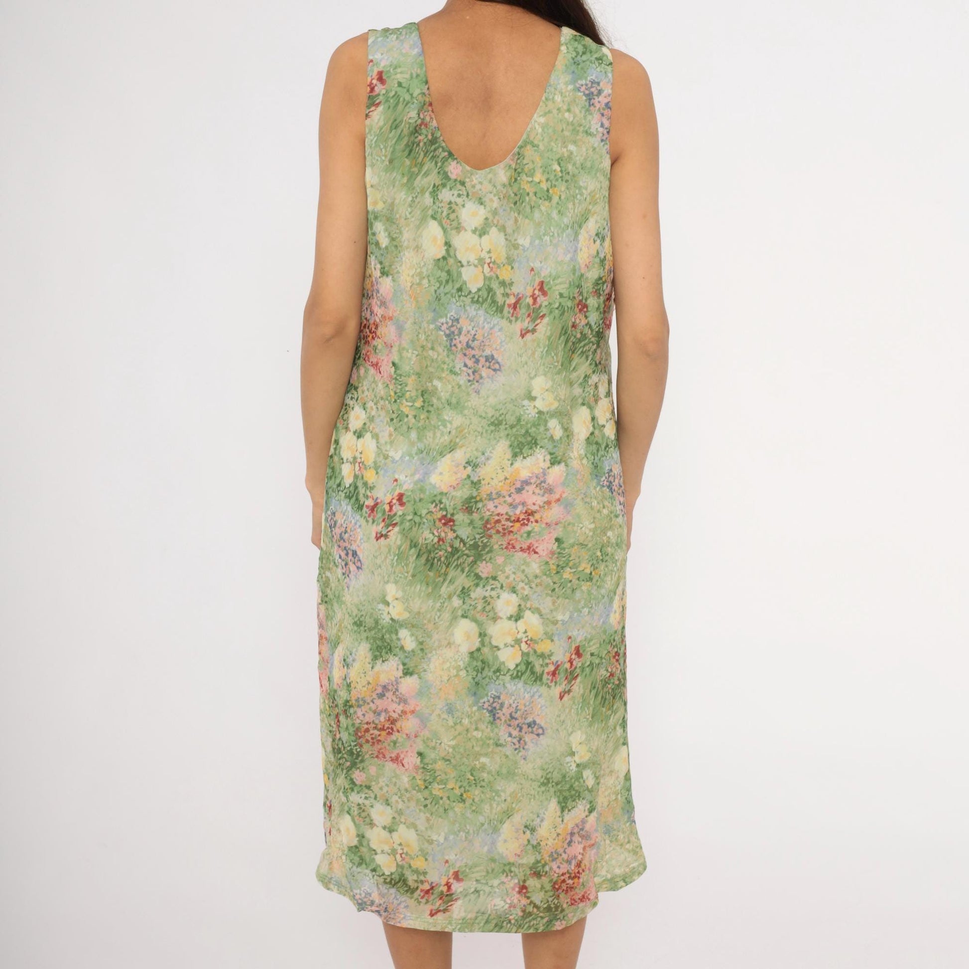 90s K Studio Floral Midi Dress Impressionist Garden Print Green Pink Extra Large