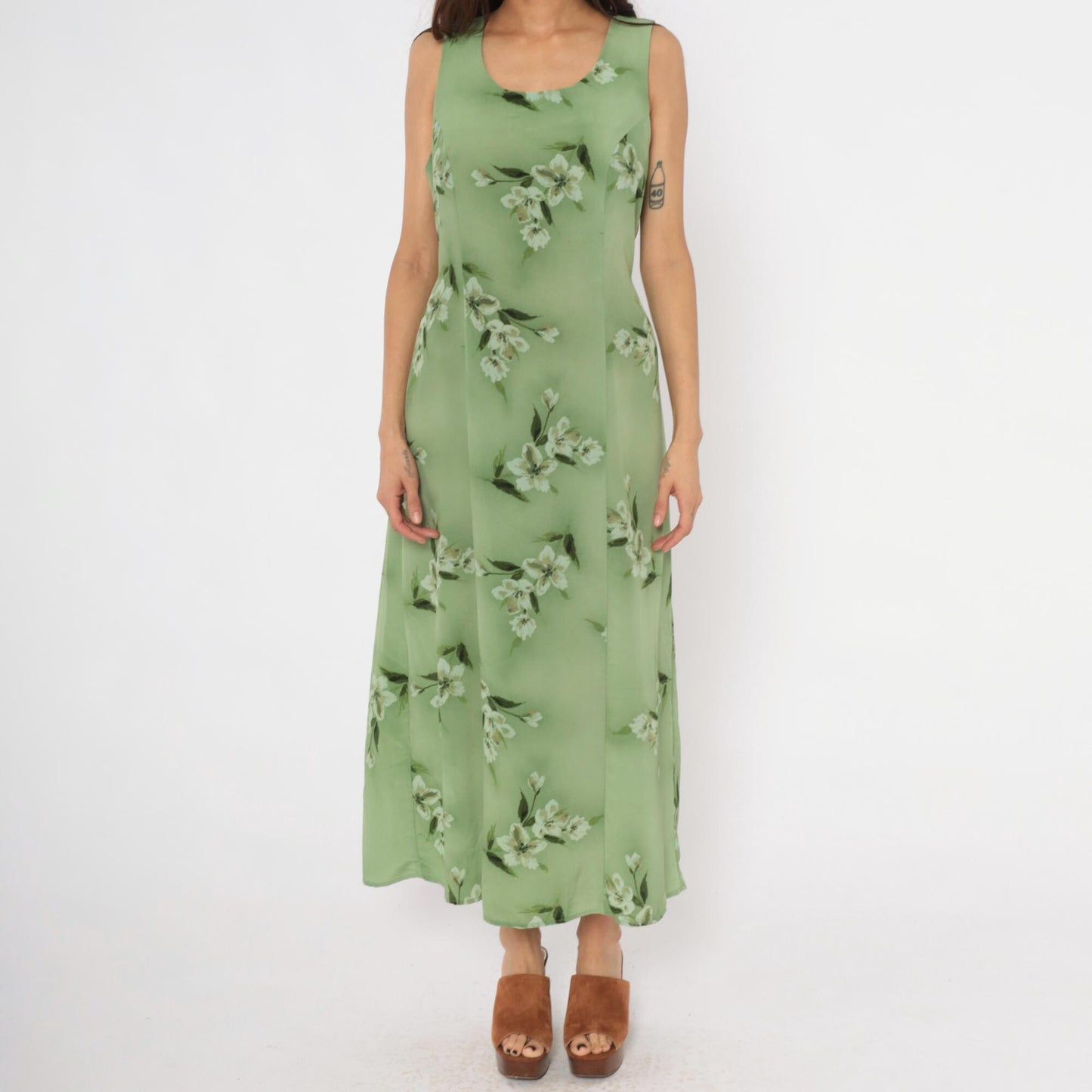 90s Fashion Bug Sage Green Floral Maxi Dress Sleeveless A-Line Large L