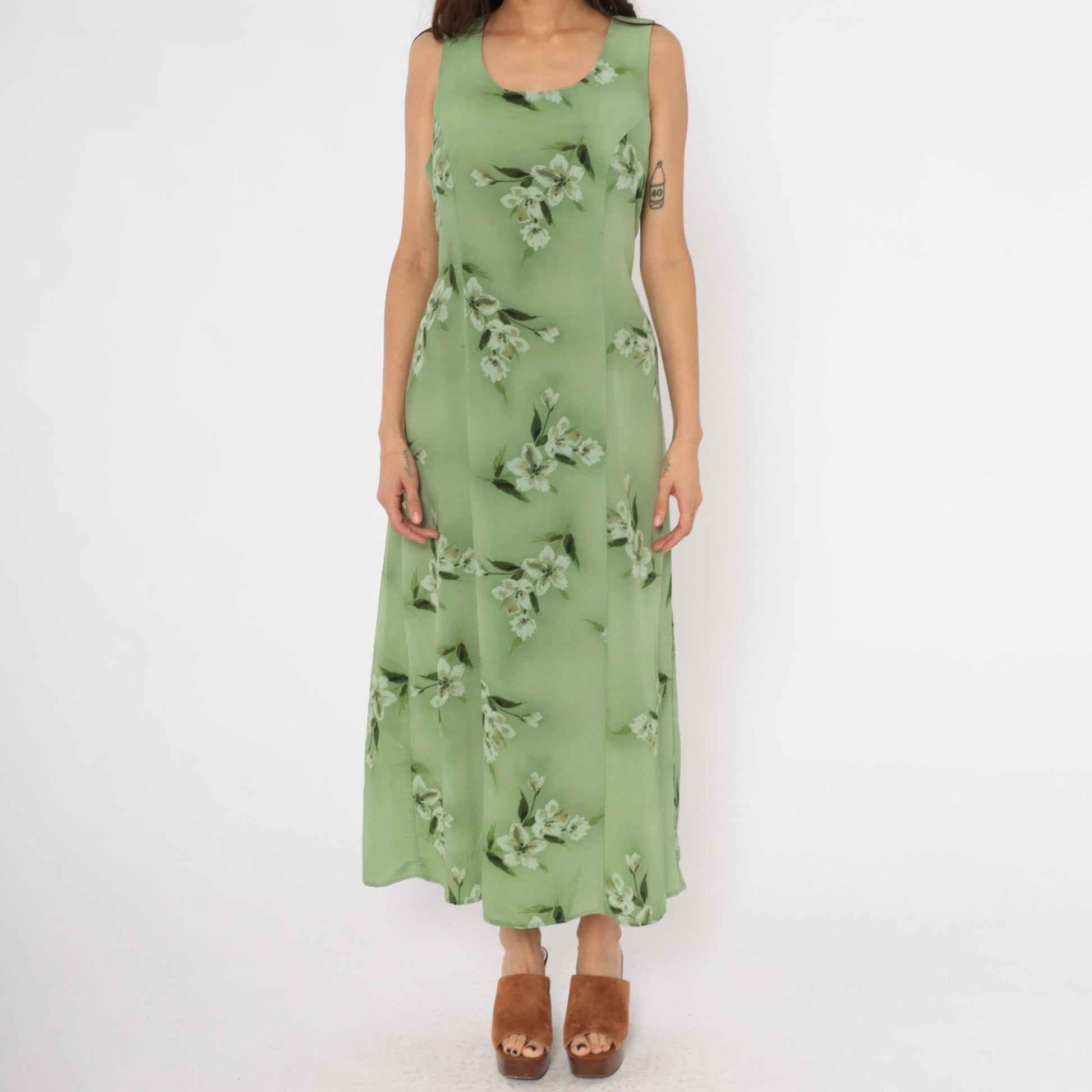 90s Fashion Bug Sage Green Floral Maxi Dress Sleeveless A-Line Large L
