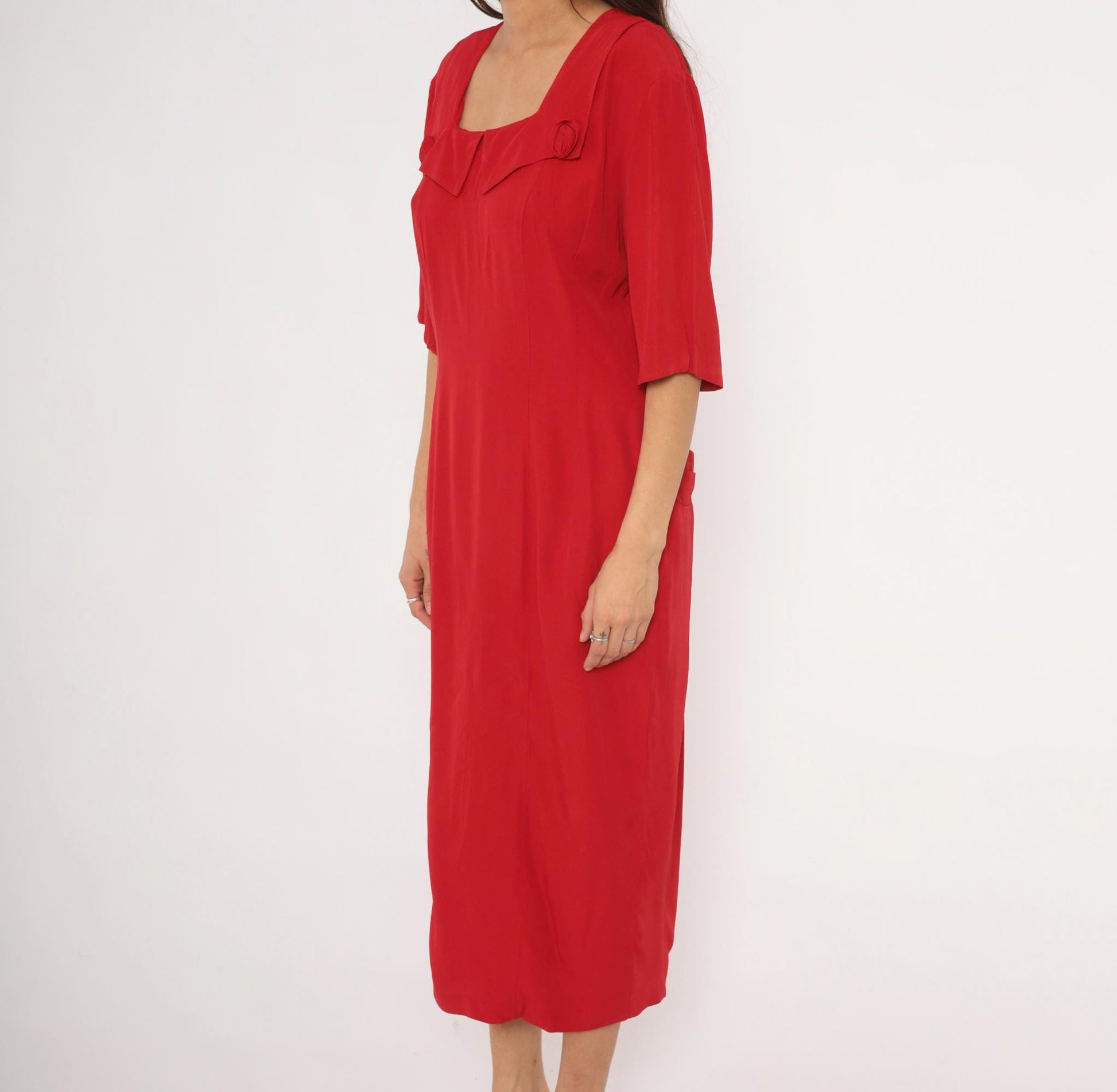 90s Atina Crimson Midi Dress Square Neckline Rosette Half Sleeve Large L