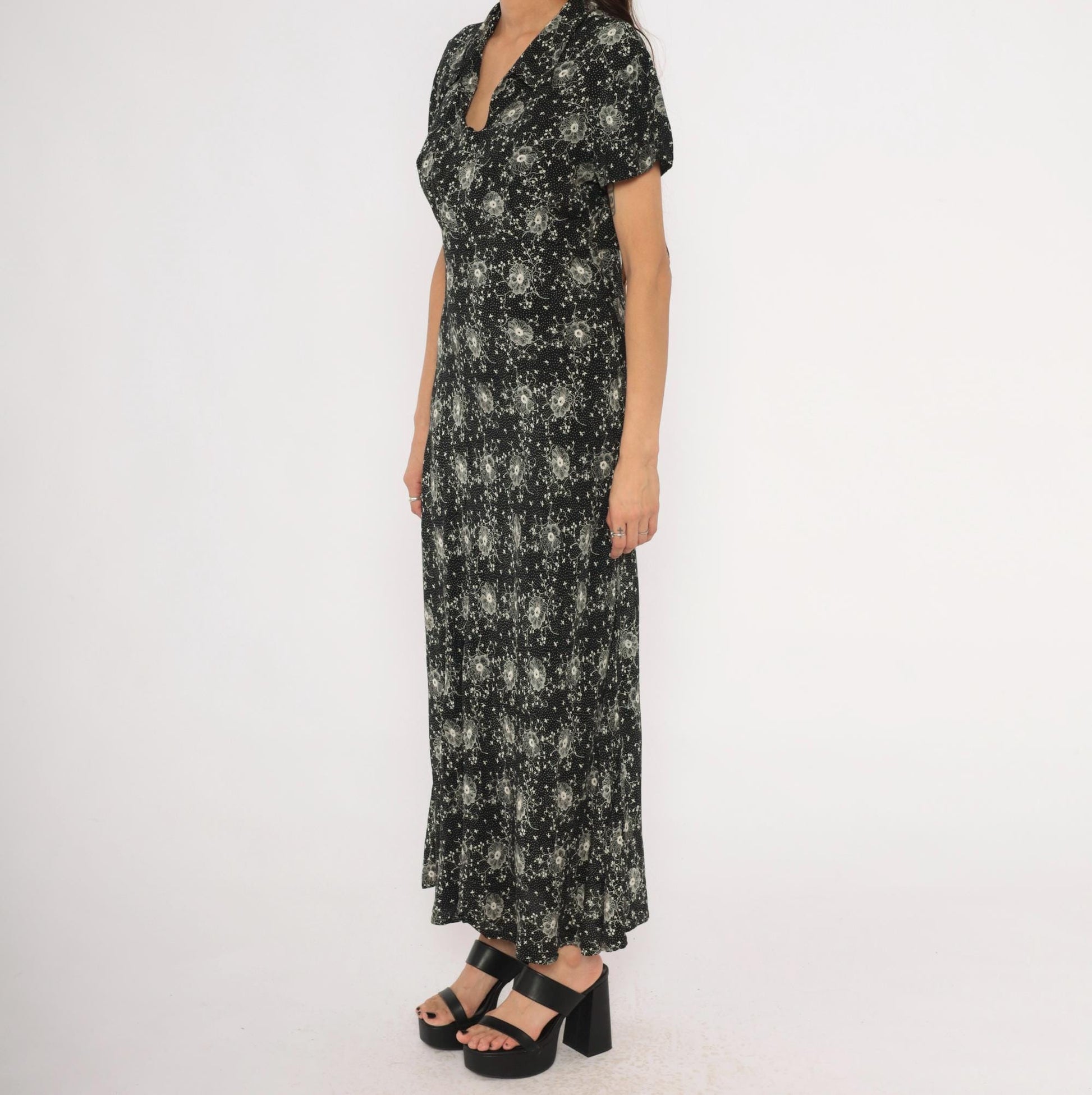 90s Scarlett Black Floral Maxi Dress White Dotted Short Sleeve Collared Large L