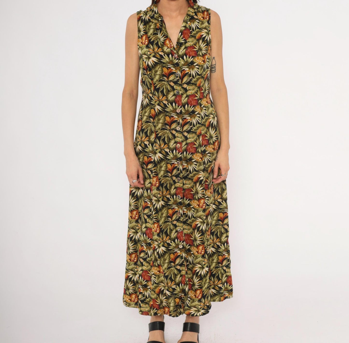 90s Teddi Tropical Leaf Maxi Dress Sleeveless Olive Green Medium M