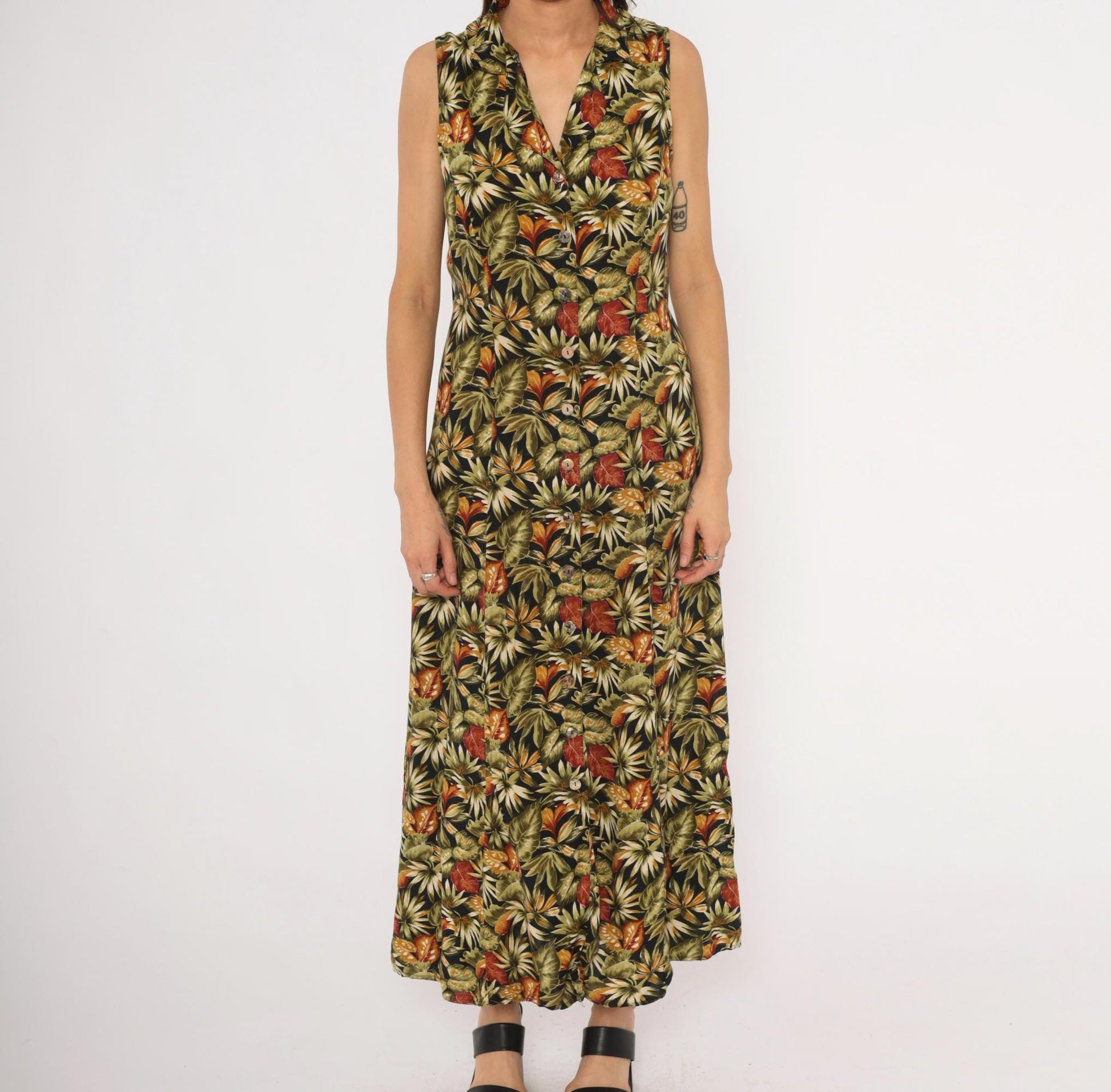 90s Teddi Tropical Leaf Maxi Dress Sleeveless Olive Green Medium M