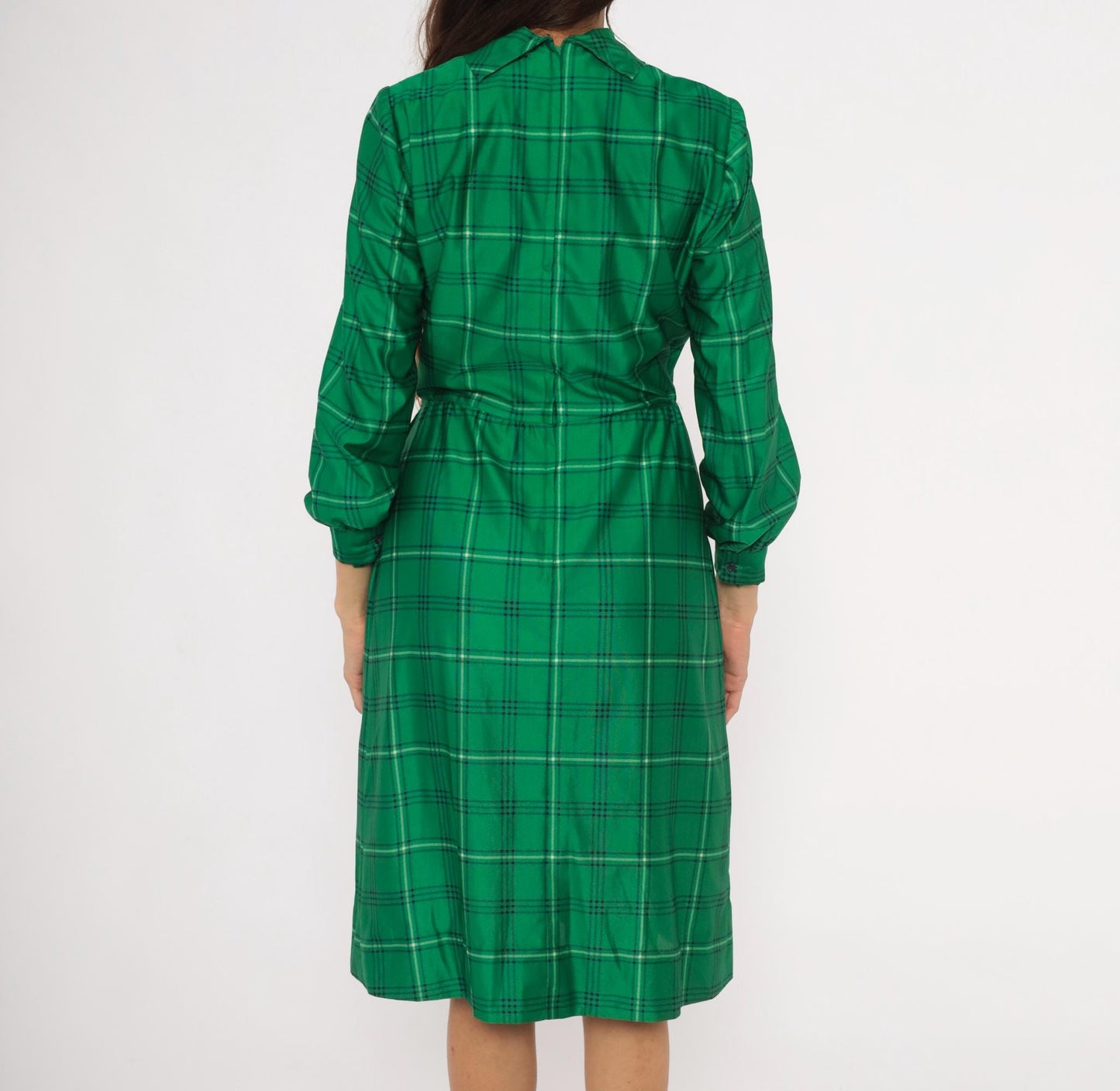 70s Nat Kap Lan Emerald Plaid Dress Pussy Bow Knee-Length Medium M