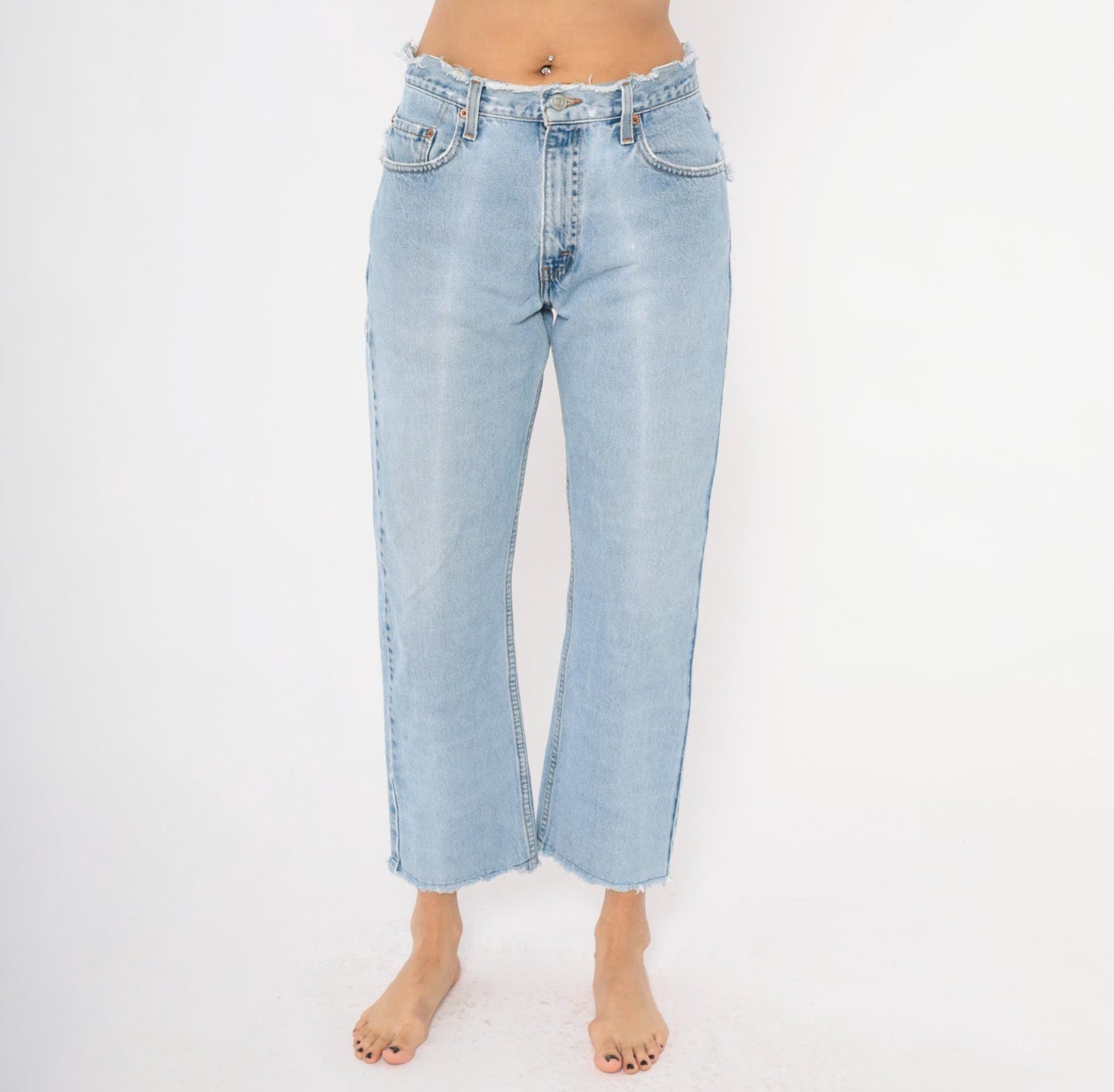90s Levi's Cropped Jeans Light Wash Raw Hem Distressed Ankle Blue Denim 30x28