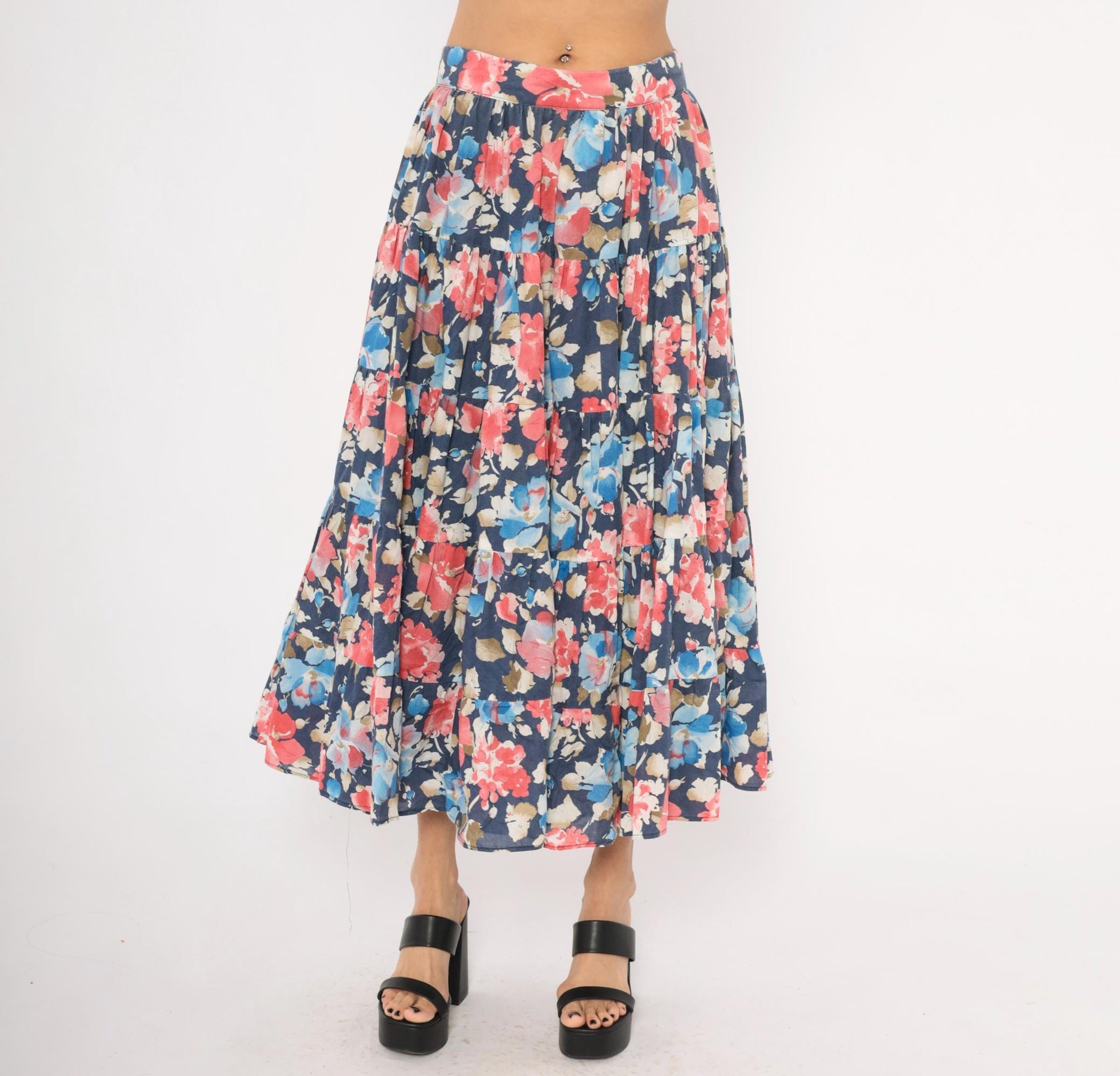 80s Navy Floral Tiered Cotton Midi Skirt Watercolor Print Large L