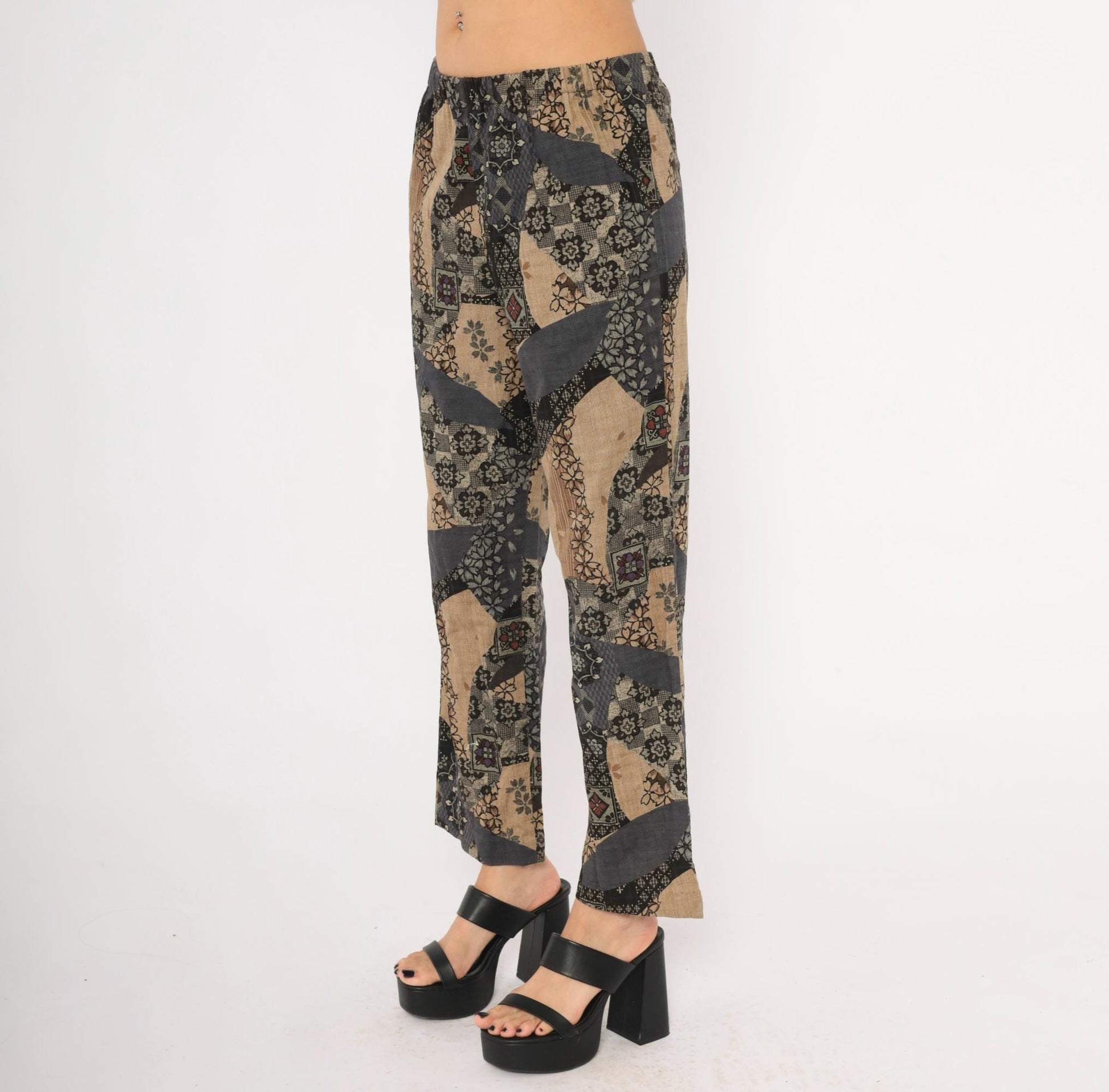 90s Patchwork Print Wide Leg Trousers Black Floral Geometric Elastic Waist Medium M