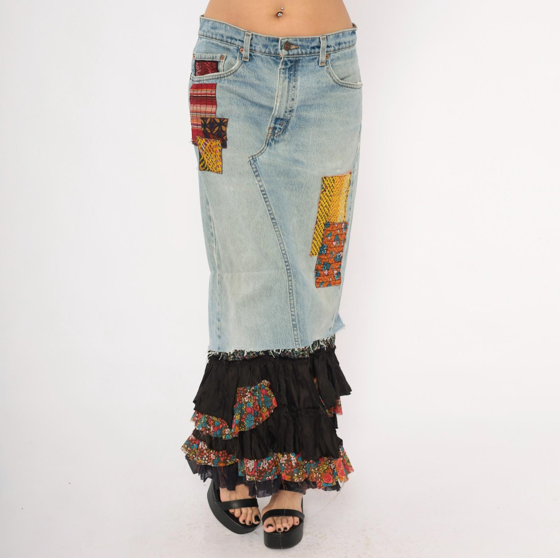 00s FP One Free People Patchwork Denim Maxi Skirt Light Wash Ruffled Small