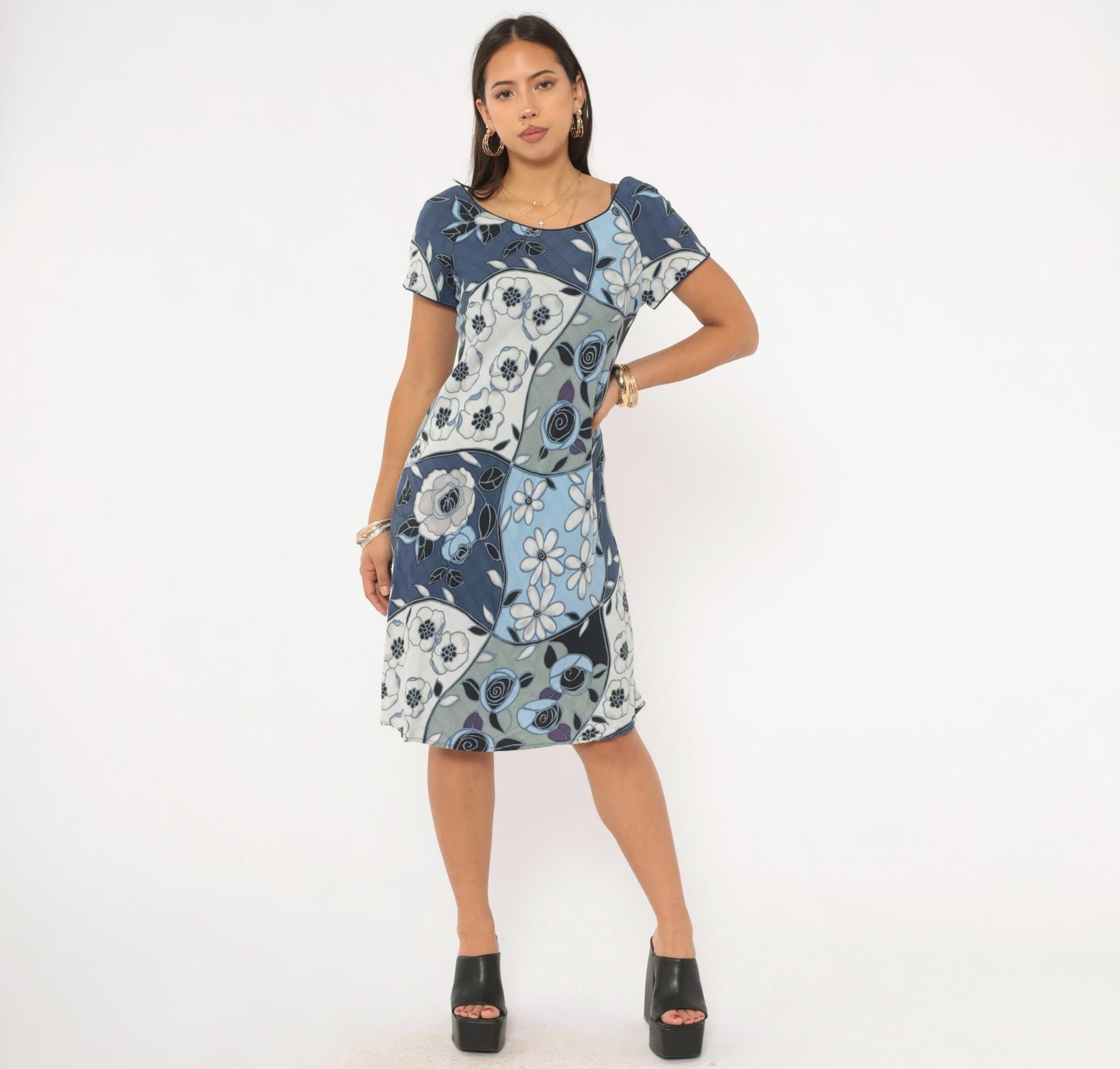 Y2K Iolani Patchwork Floral Mini Dress Navy Sky Blue Rayon Small