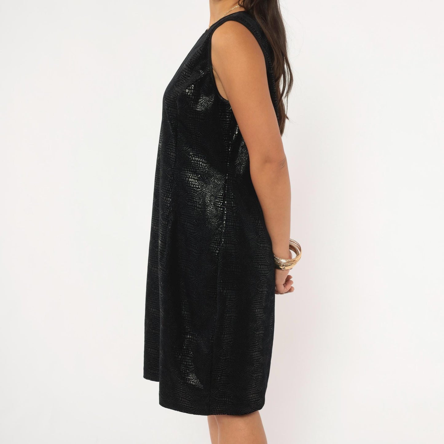 90s Robbie Bee Black Snakeskin Shift Dress Keyhole Back Knee Length Large L