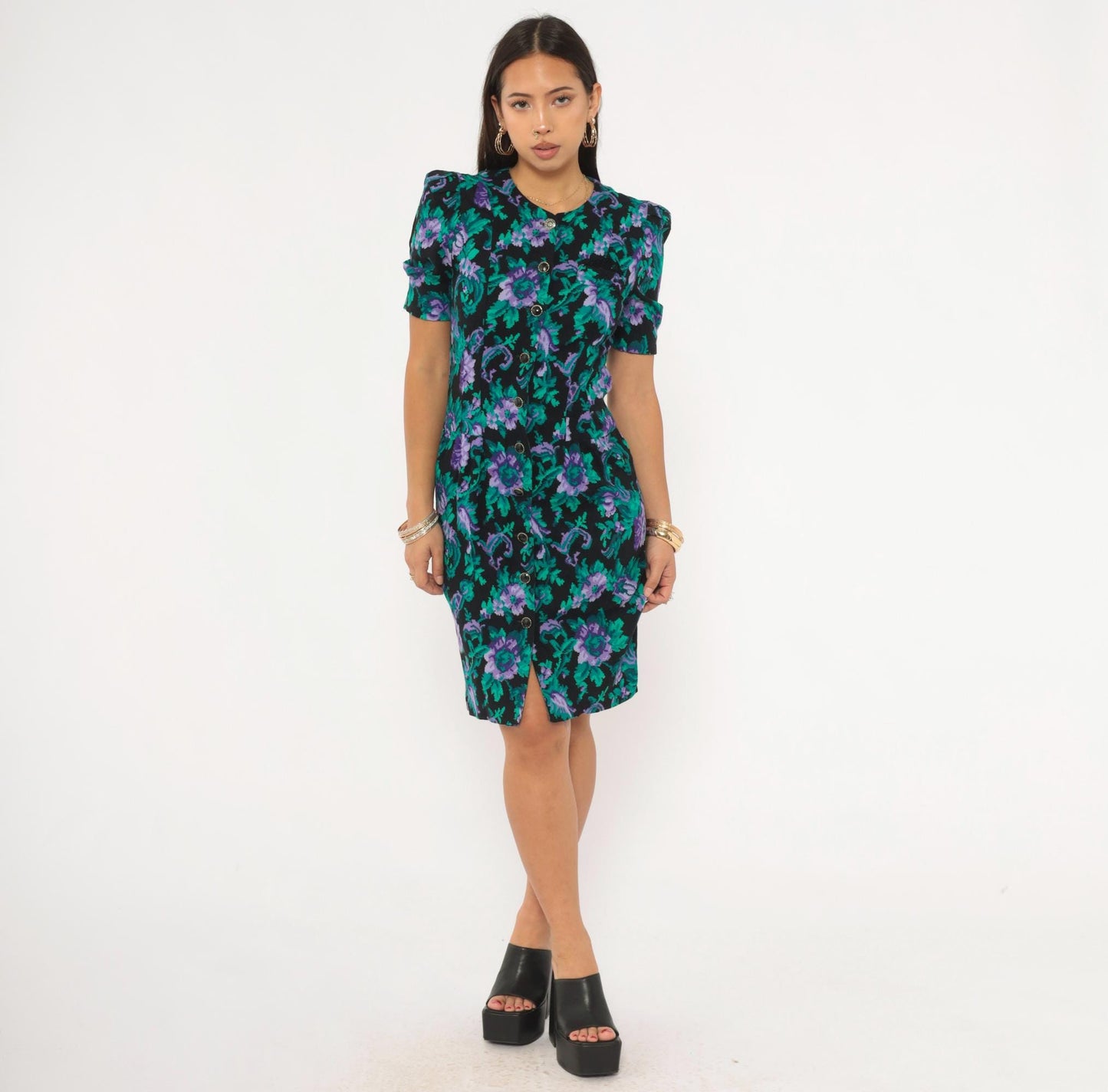 90s Petite Jazz Floral Sheath Dress Puff Sleeve V-Neck Black Teal Purple Extra Small XS
