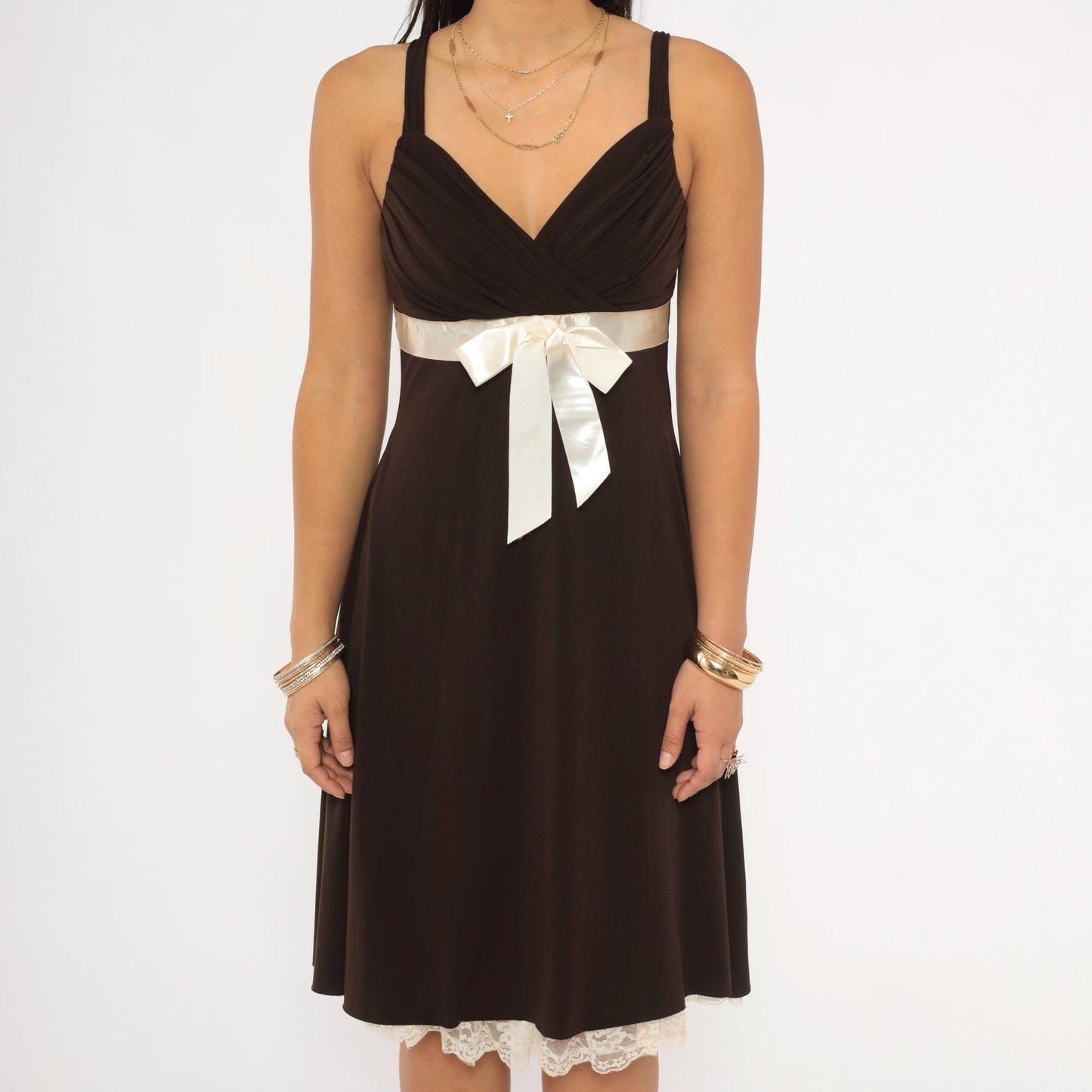 Y2K My Michelle Chocolate Brown Mini Dress Satin Bow Empire Waist Medium M
