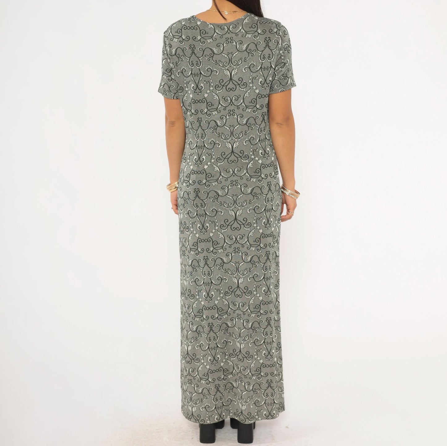 90s Abba Lycra Maxi Dress Baroque Damask Print Charcoal Short Sleeve Large L