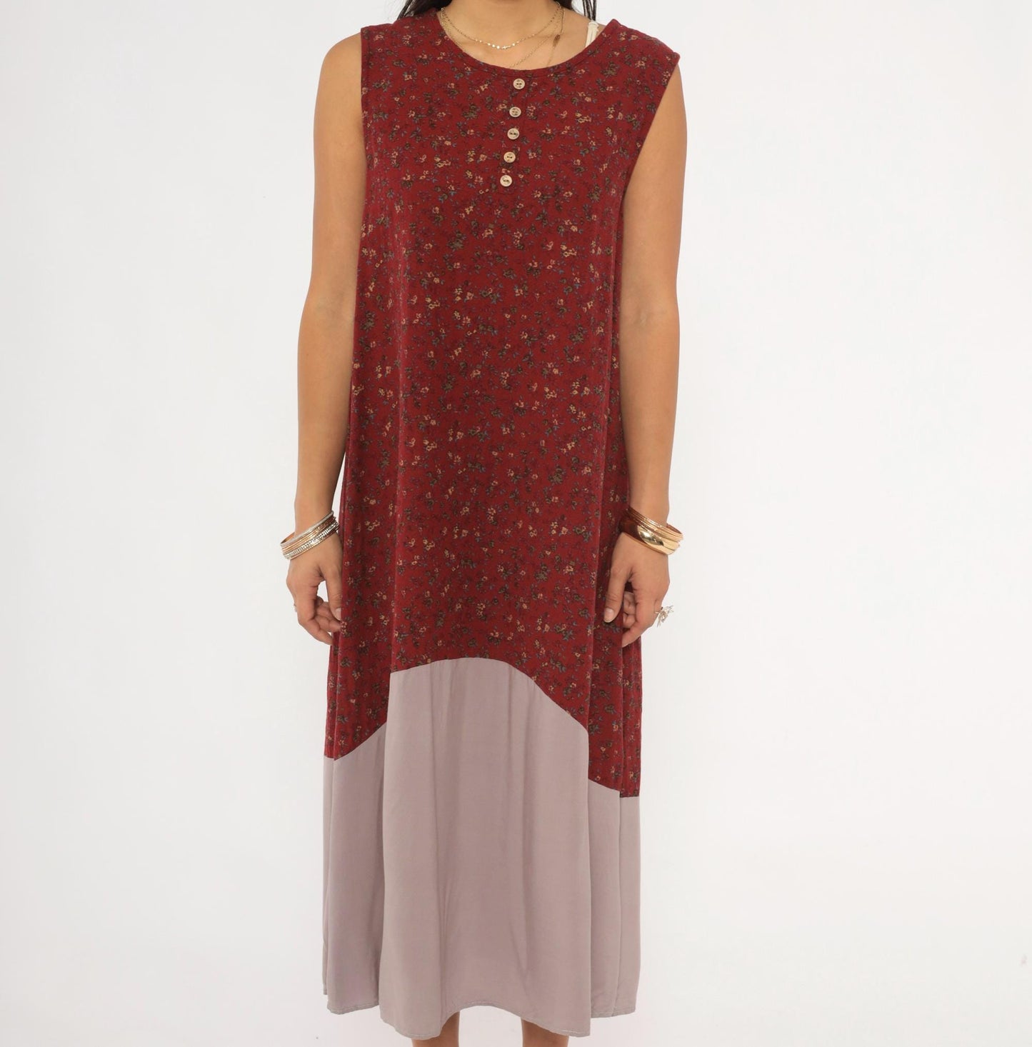 00s Burgundy Floral Ditsy Midi Dress Sleeveless Cotton Shift Small Medium