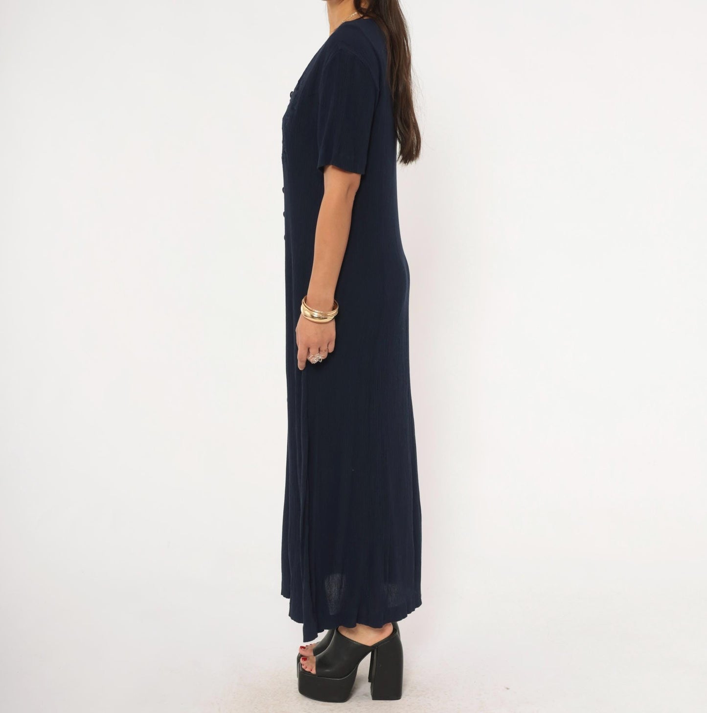 90s Fashion Bug Navy Maxi Dress Floral Embroidery Button Front Medium Large