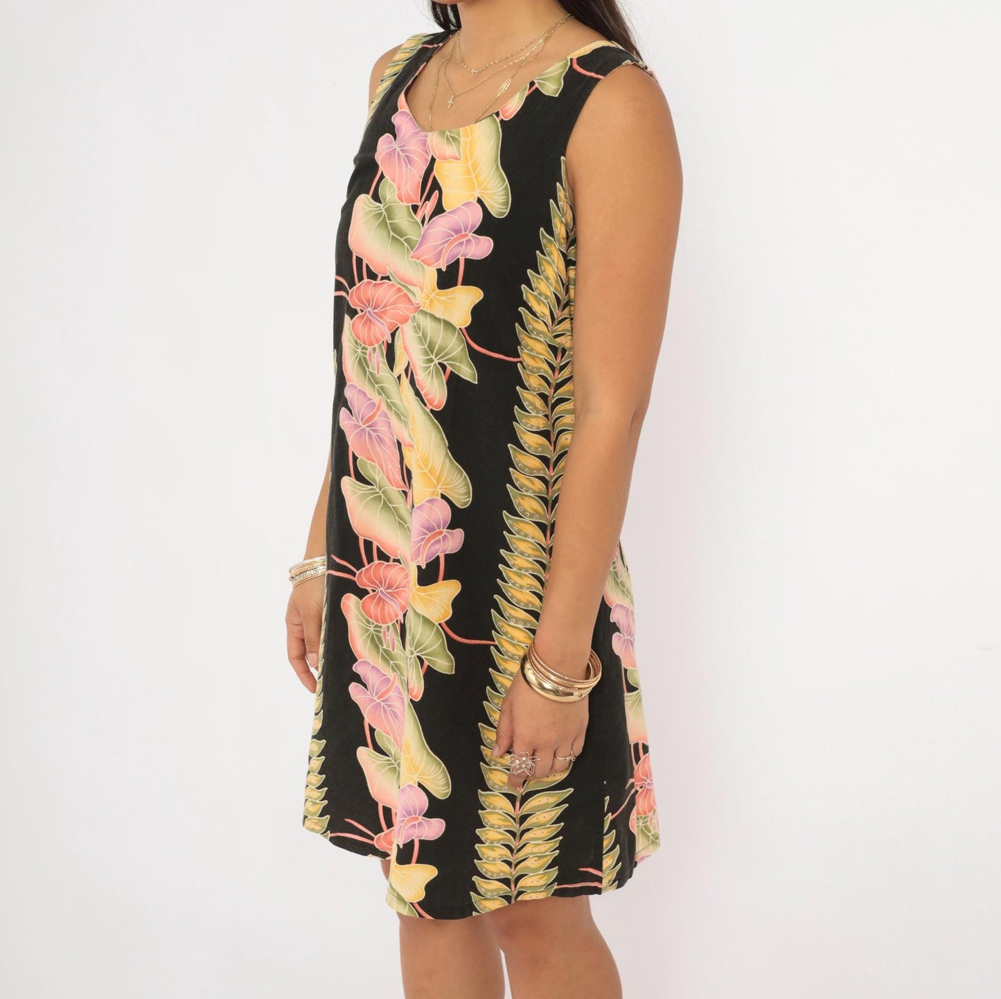 90s Kalaheo Hawaiian Shift Dress Black Tropical Floral Mini Small S