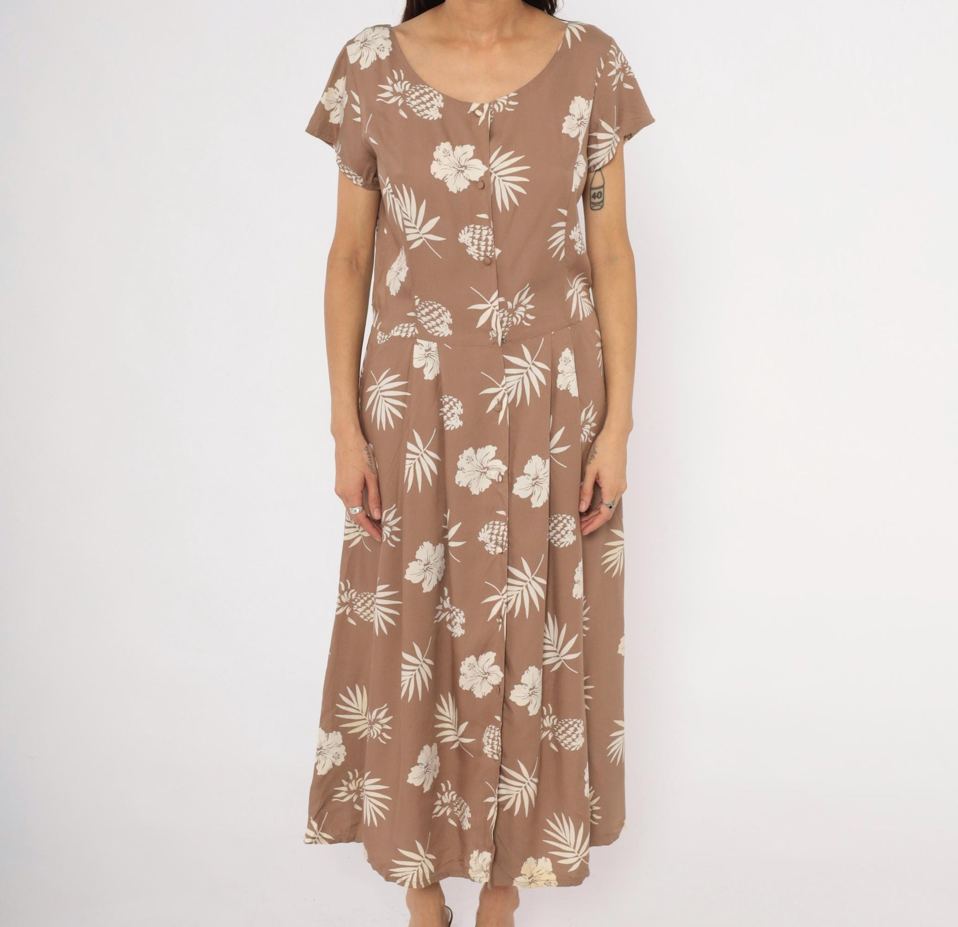 80s Apart Tropical Hibiscus Maxi Dress Tan Cream Cap Sleeve Medium M