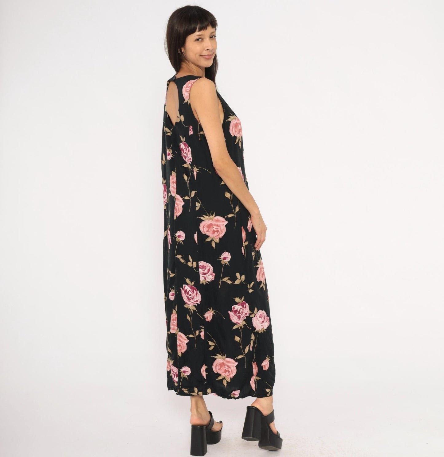 90s Jodi Michaels Rose Print Maxi Dress Black Pink Sleeveless Large L