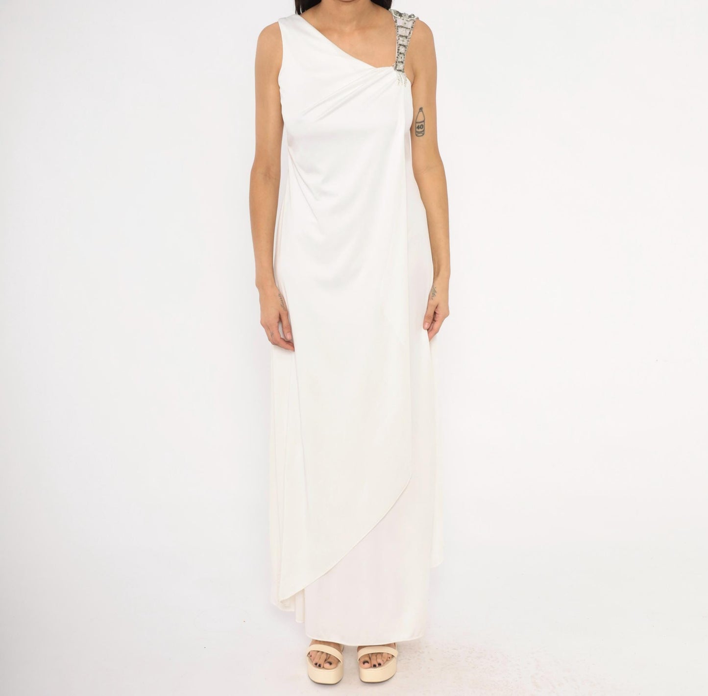 70s White Maxi Gown Asymmetrical Neckline Beaded Crystal Strap Small