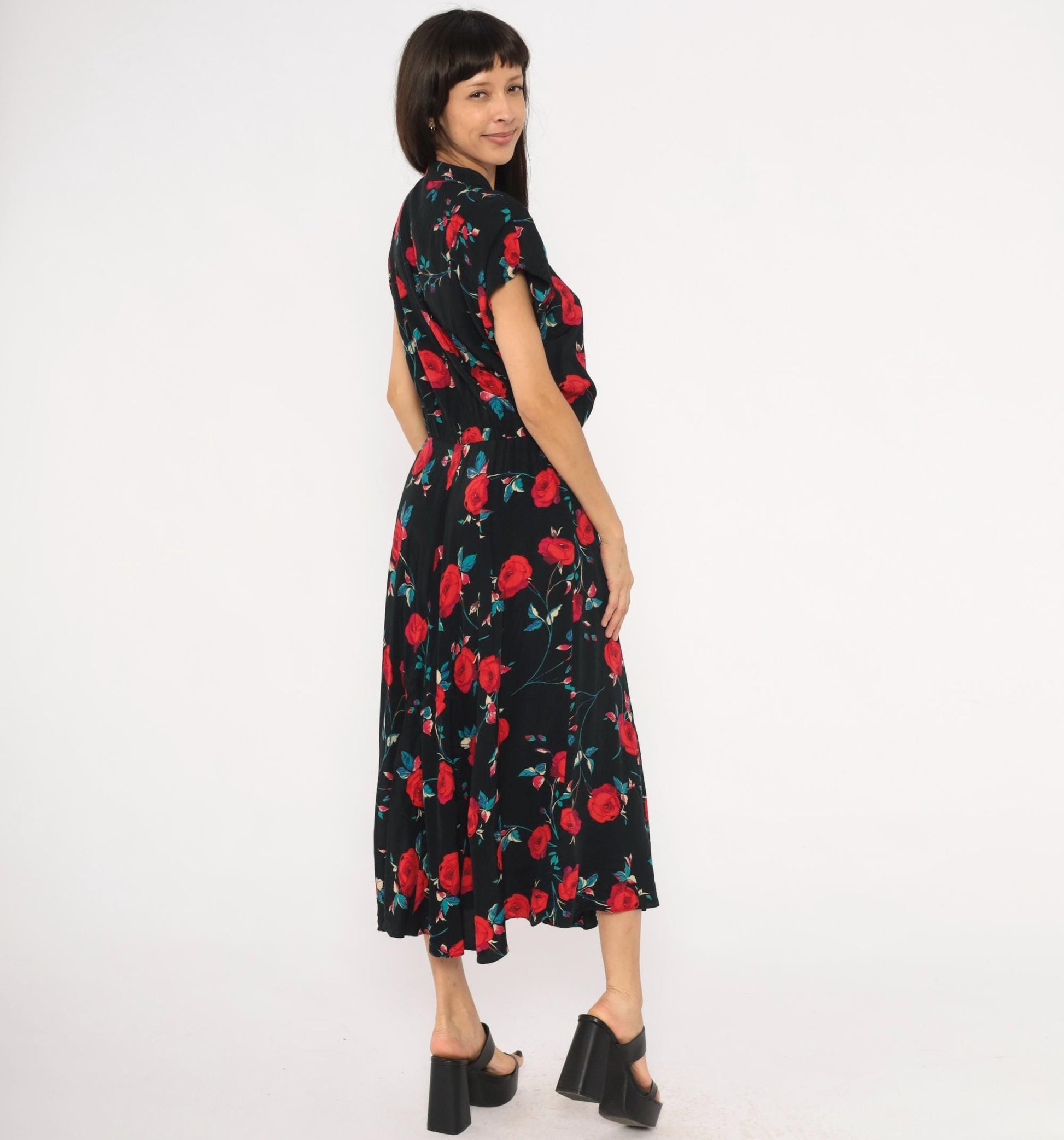 90s Nina Piccalino Black Midi Dress Red Rose Print Mandarin Collar Large L
