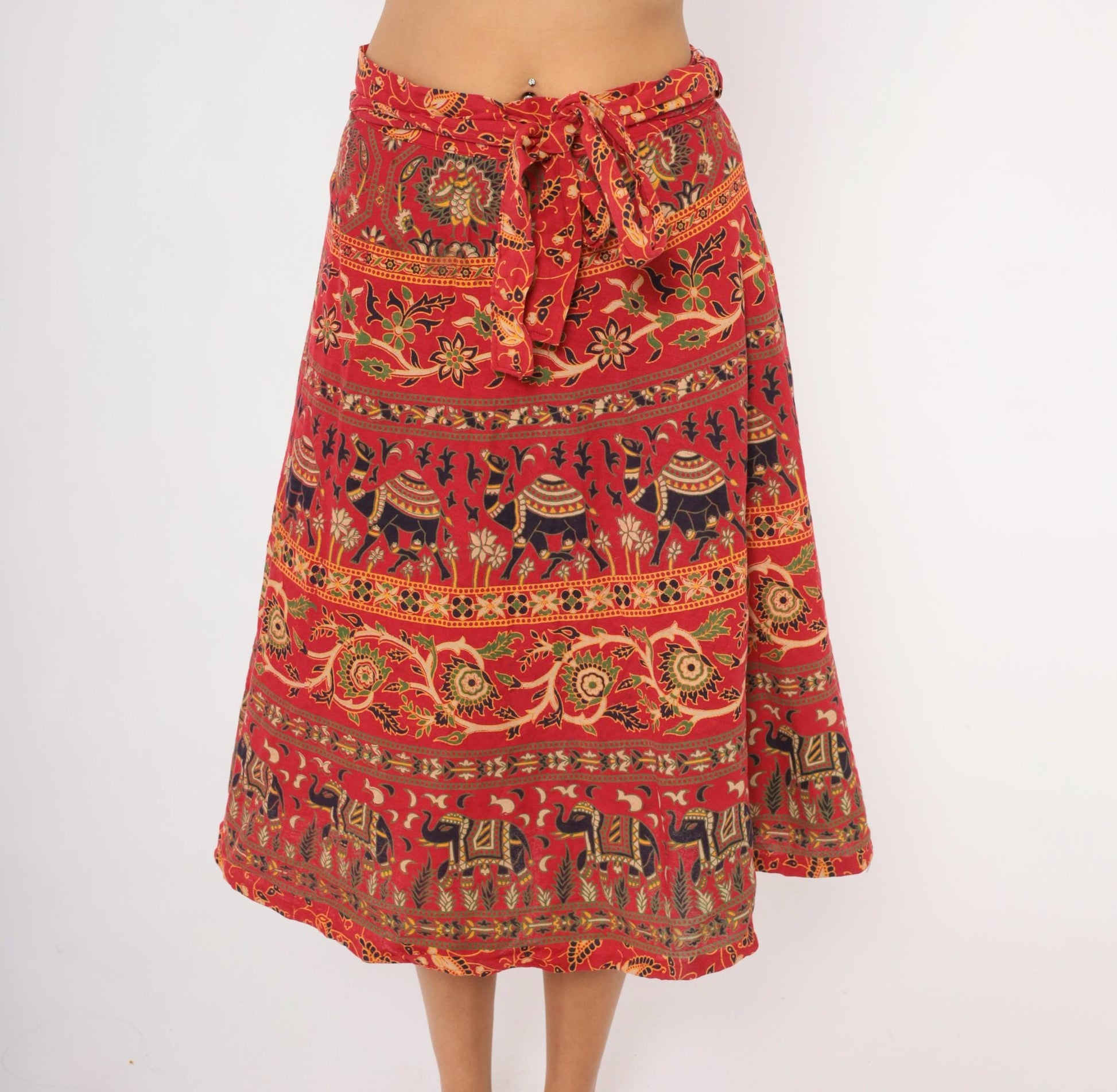 90s Indian Block Print Cotton Wrap Skirt Red Elephant Floral Small