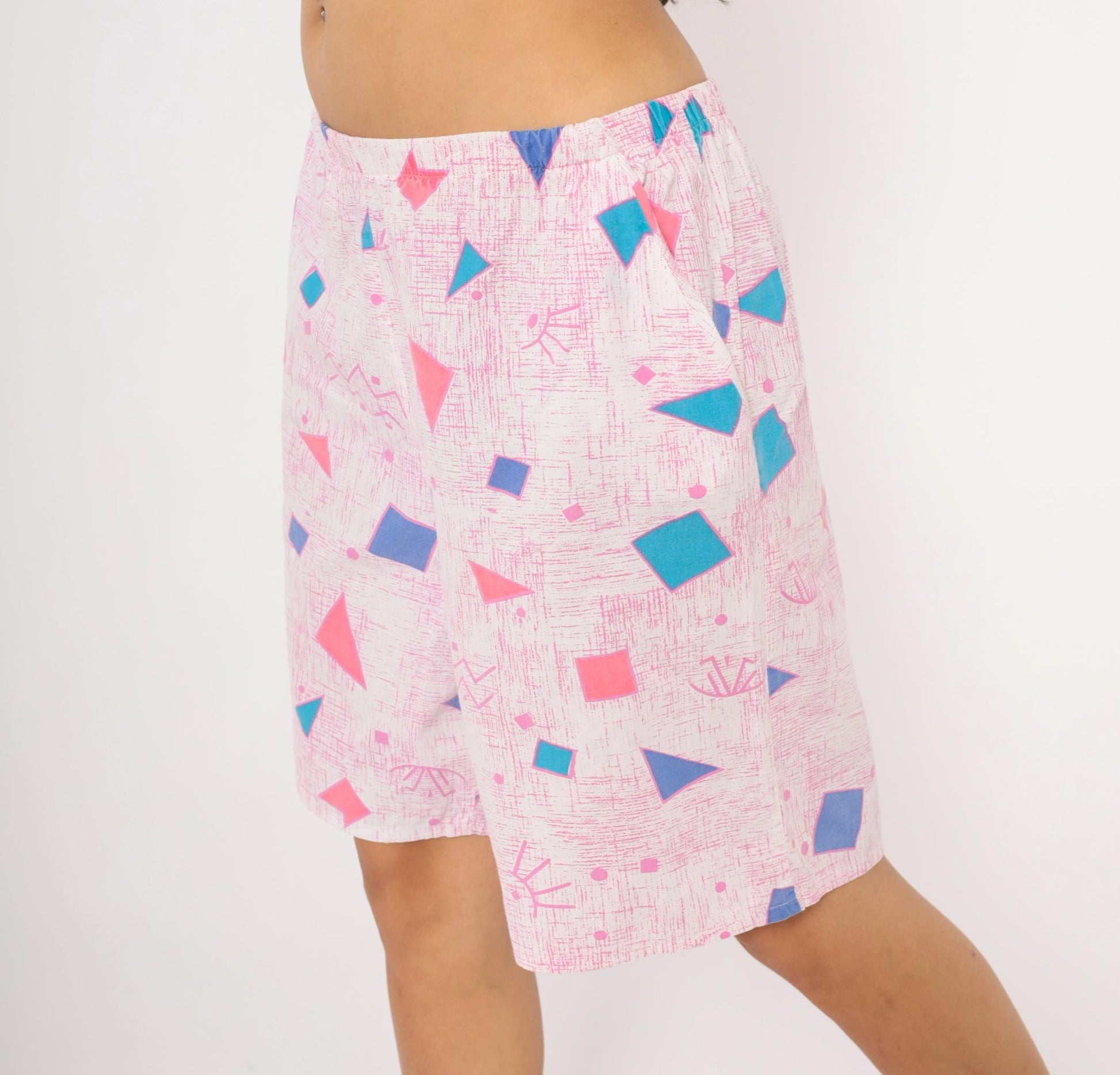 80s Geometric Triangle Shorts Pink Teal Blue Cotton Knee-Length Medium