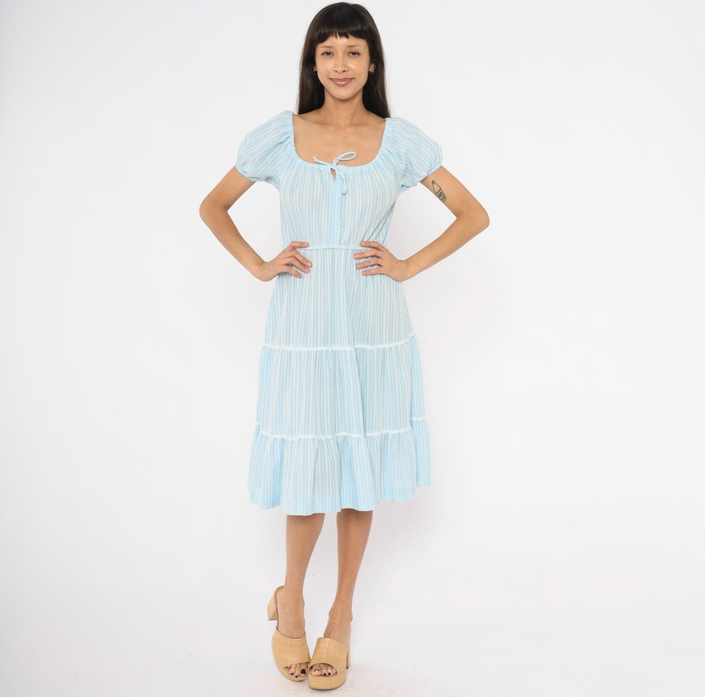 70s Sky Blue Striped Peasant Dress Puff Sleeve Tiered Skirt Lace Trim Medium M