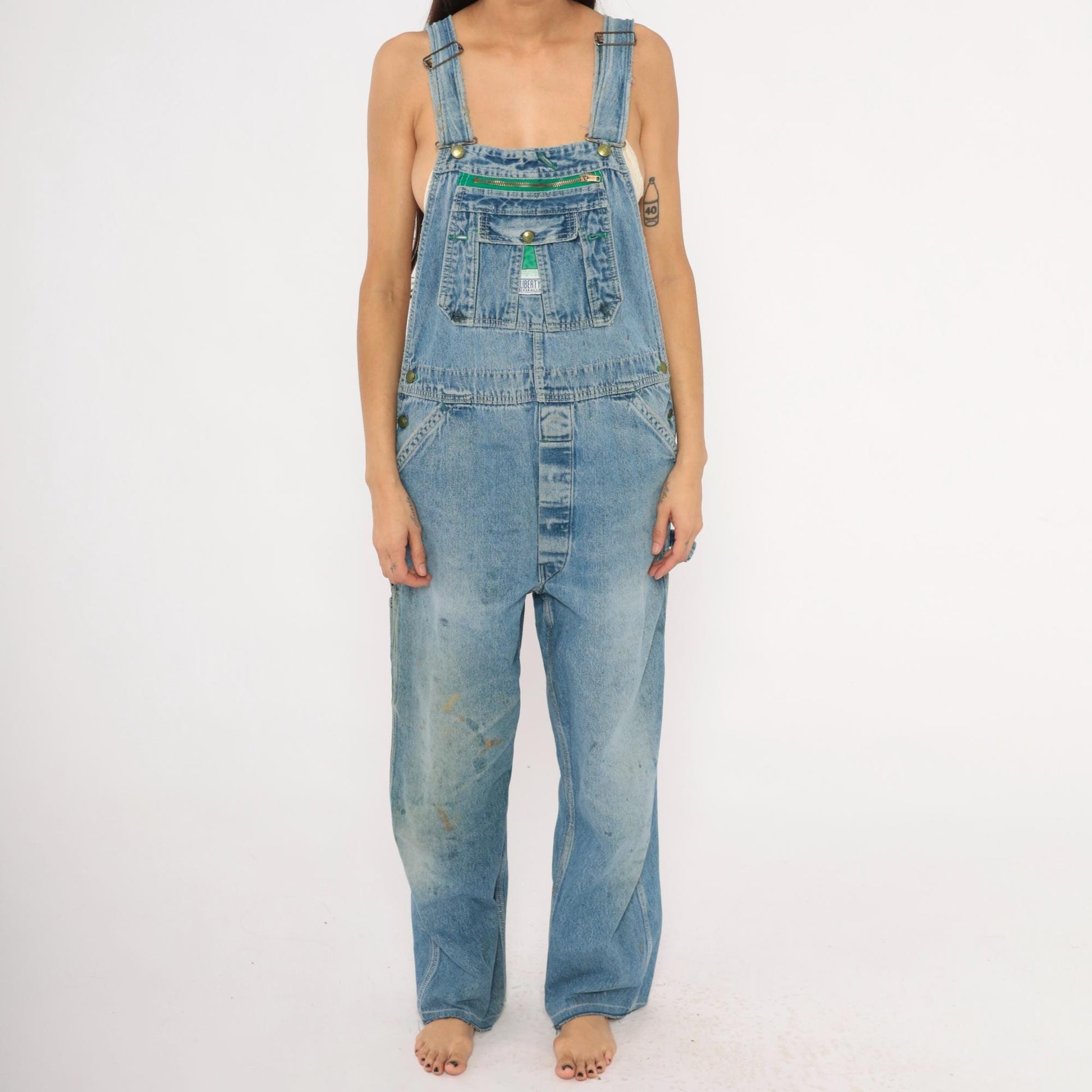 90s Liberty Denim Bib Overalls Green Zipper Distressed Workwear Medium