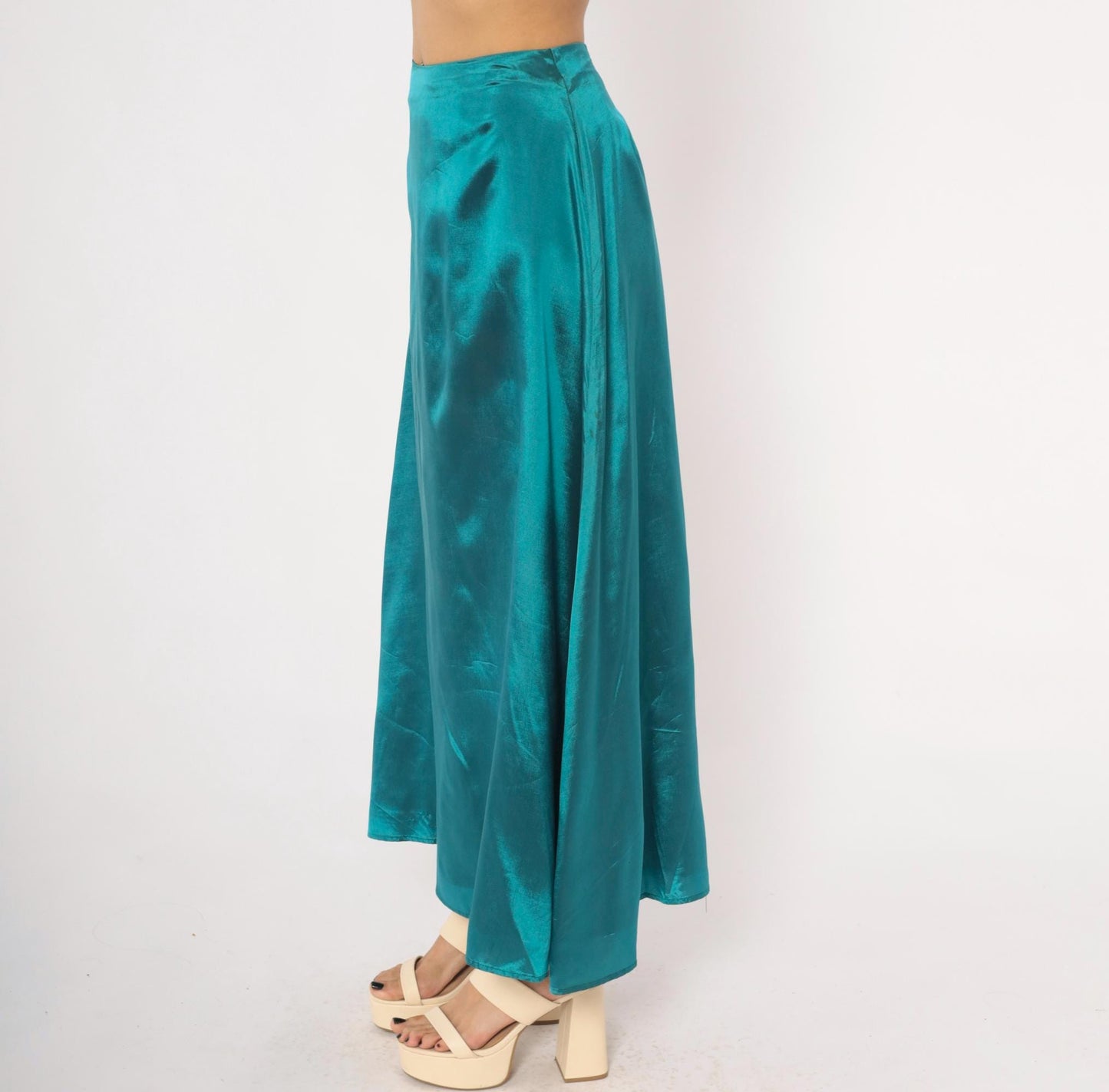 90s Star CCC Teal Satin A-Line Maxi Skirt High Waist Small S