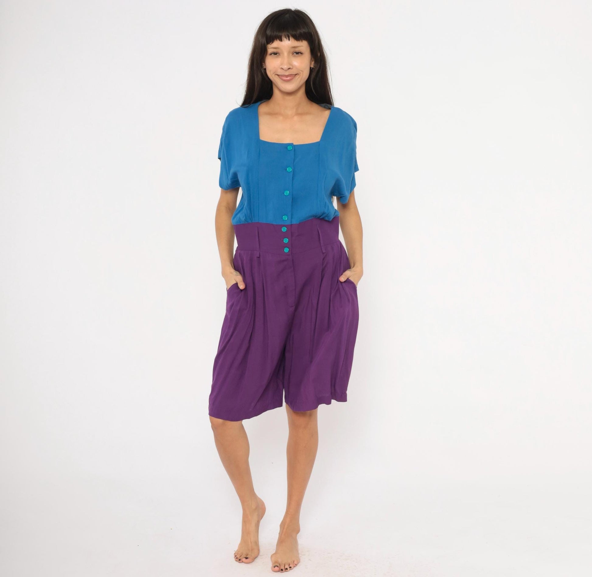 90s Rabbit Jr Color Block Romper Cobalt Blue Plum Purple Medium M