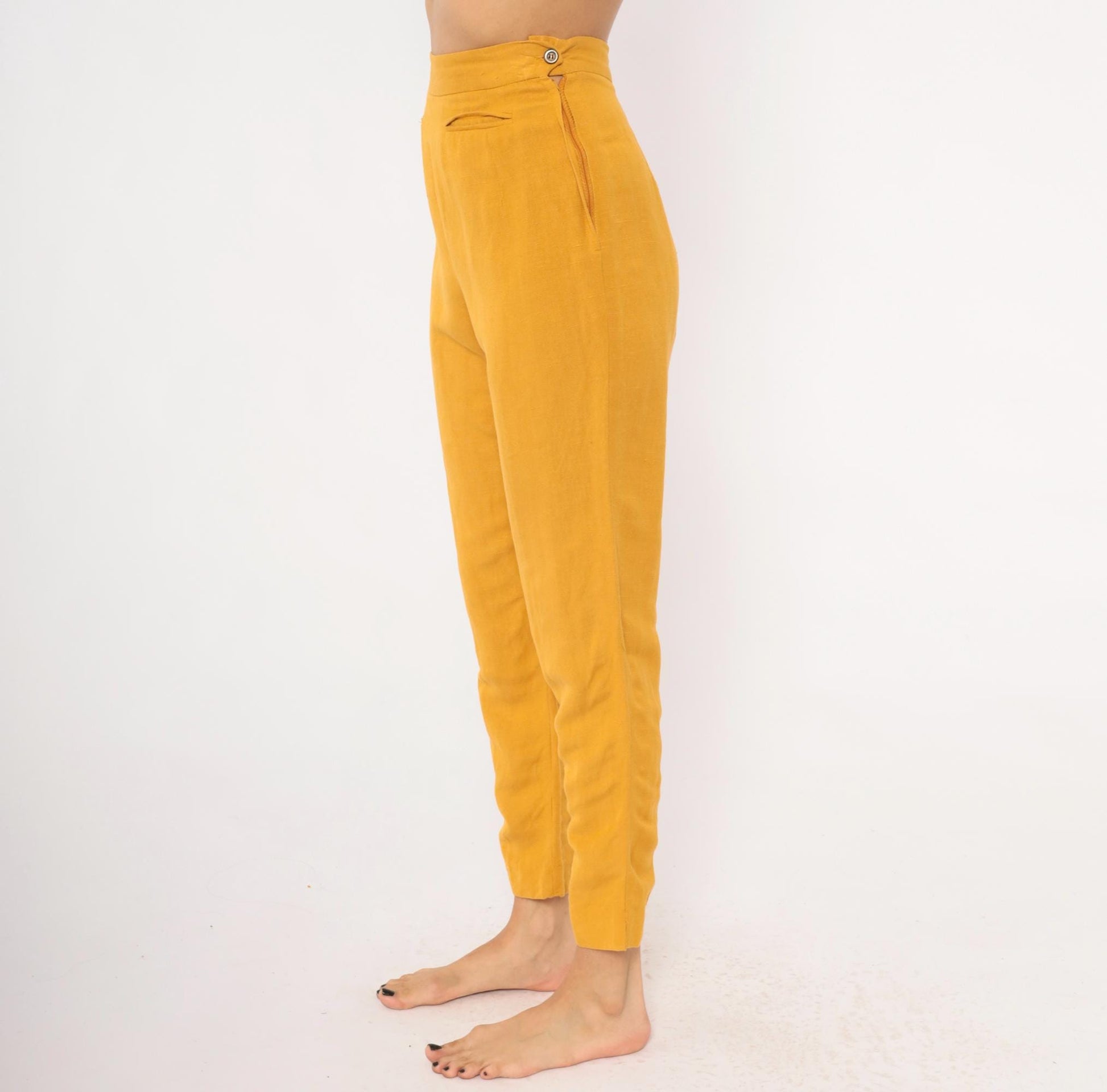 90s Sāke Mustard Linen High-Waist Tapered Trousers Extra Small XS