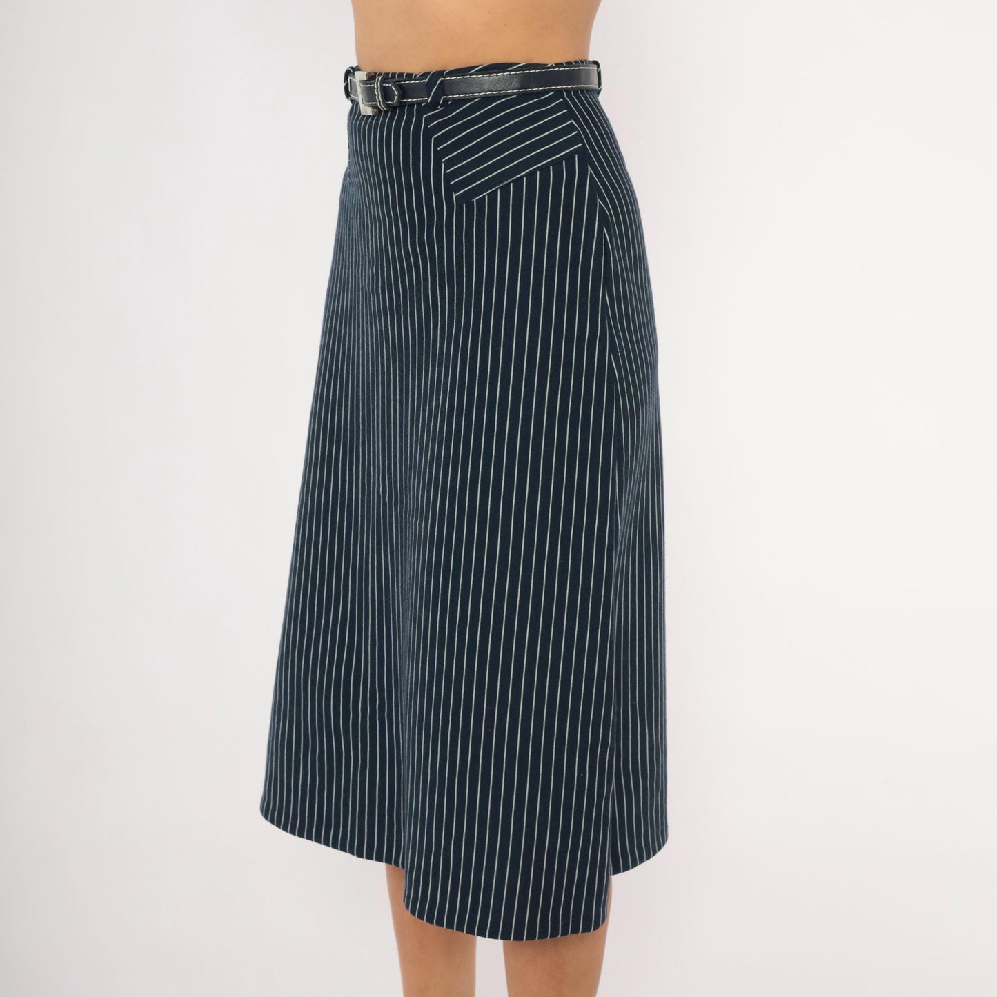 70s Jantzen Navy Pinstripe Midi Skirt Belted White Stripe Small S