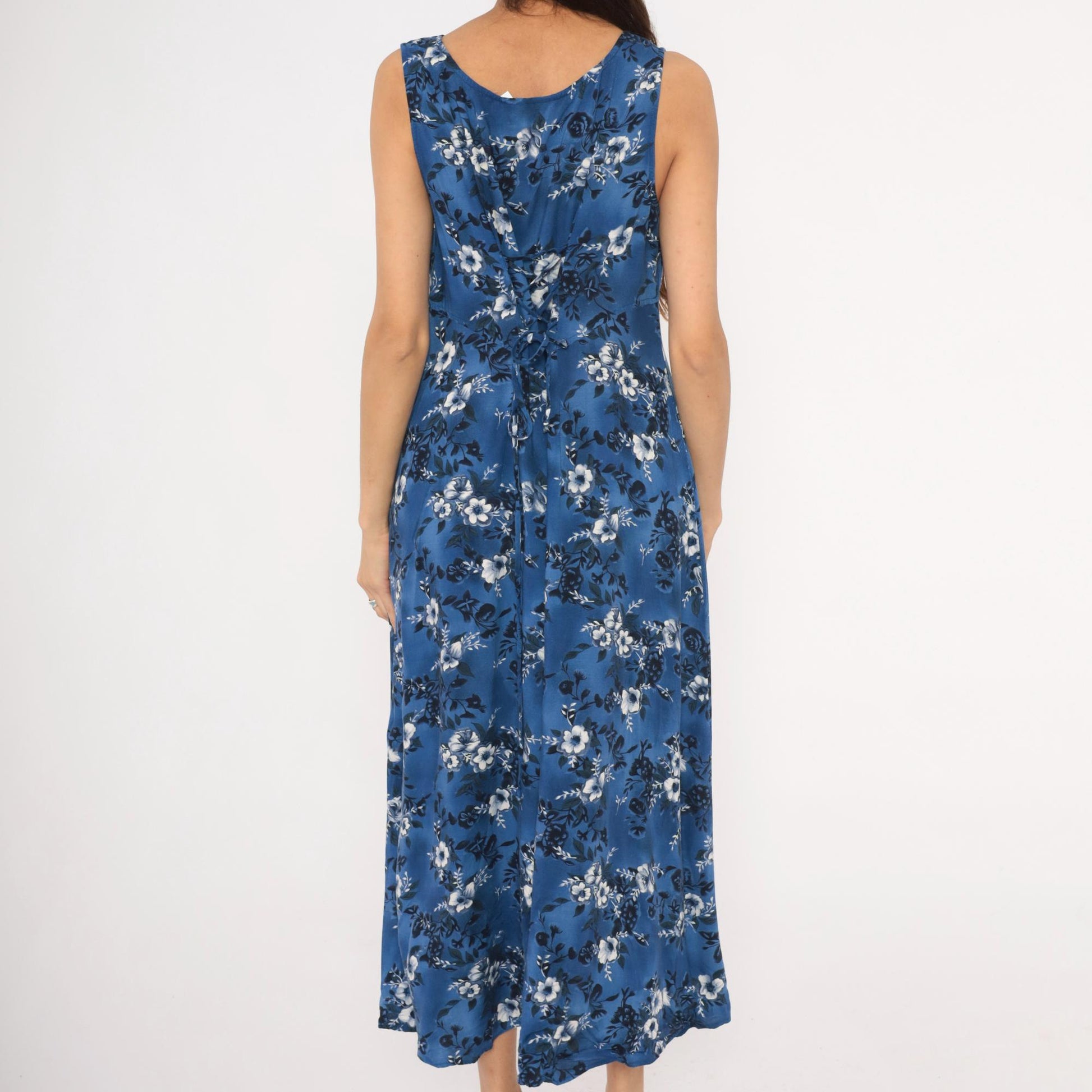 90s Molly Malloy Blue Floral Maxi Dress Sleeveless A-Line Small