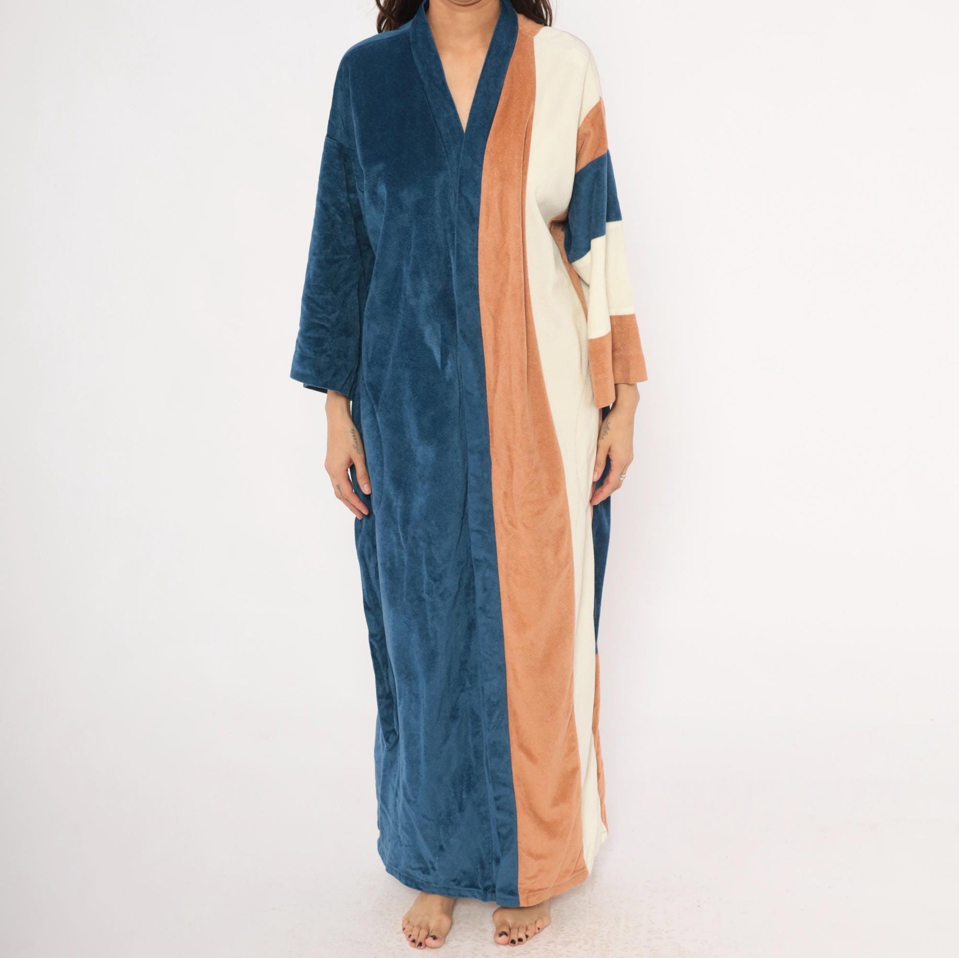 80s JCPenney Velour Kimono Robe Colorblock Navy Copper Cream One Size