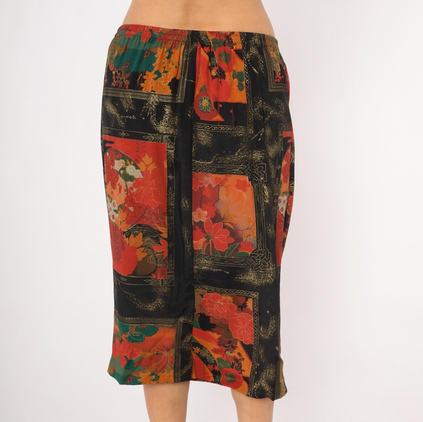 80s Japanese Floral Pencil Skirt Black Red Teal Gold Peonies Midi Medium Large