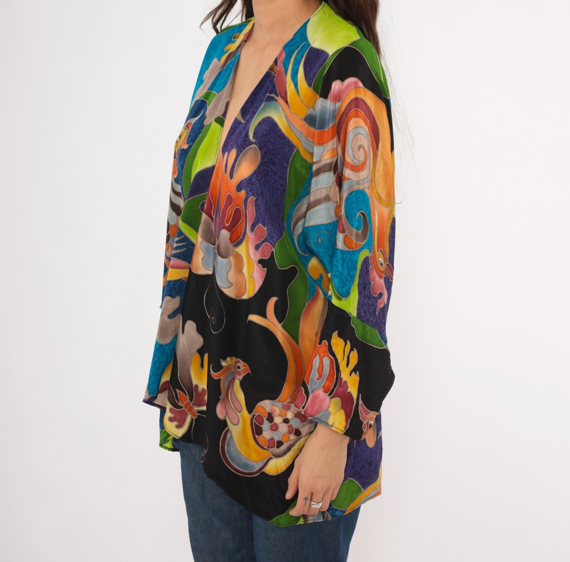 2000s Deeva Silk Kimono Jacket Multicolor Bird Floral Abstract One Size