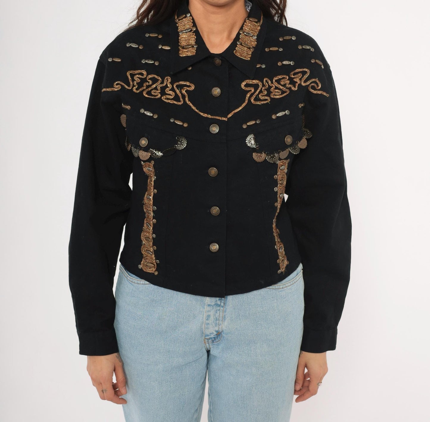 90s Styleworks Black Denim Jacket Gold Coin Charm Embroidered Cropped Large L