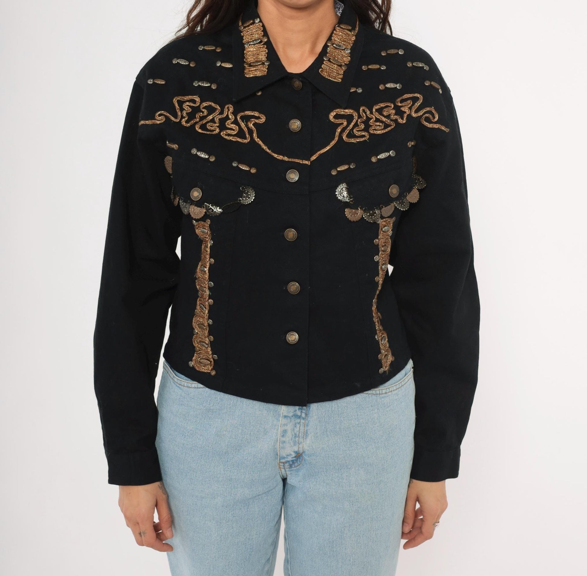 90s Styleworks Black Denim Jacket Gold Coin Charm Embroidered Cropped Large L