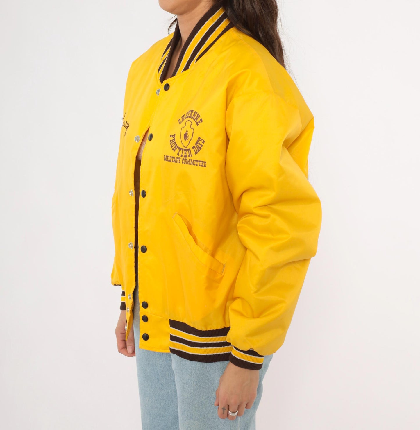 80s DeLong Sportswear Varsity Jacket Gold Nylon Bomber Cheyenne Frontier Days Medium