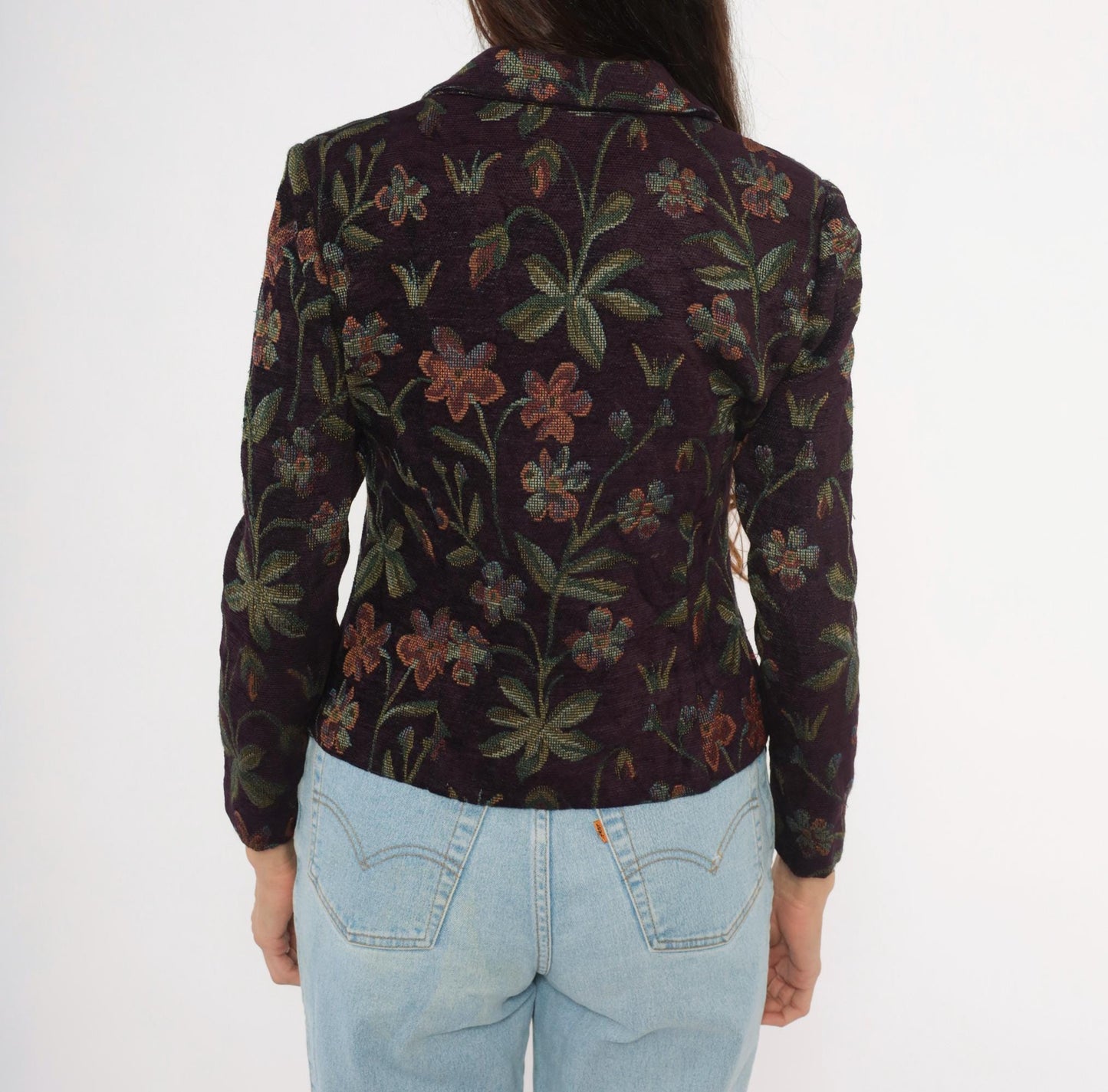 90s Jessica Howard Floral Tapestry Blazer Plum Botanical Woven Cropped Small S