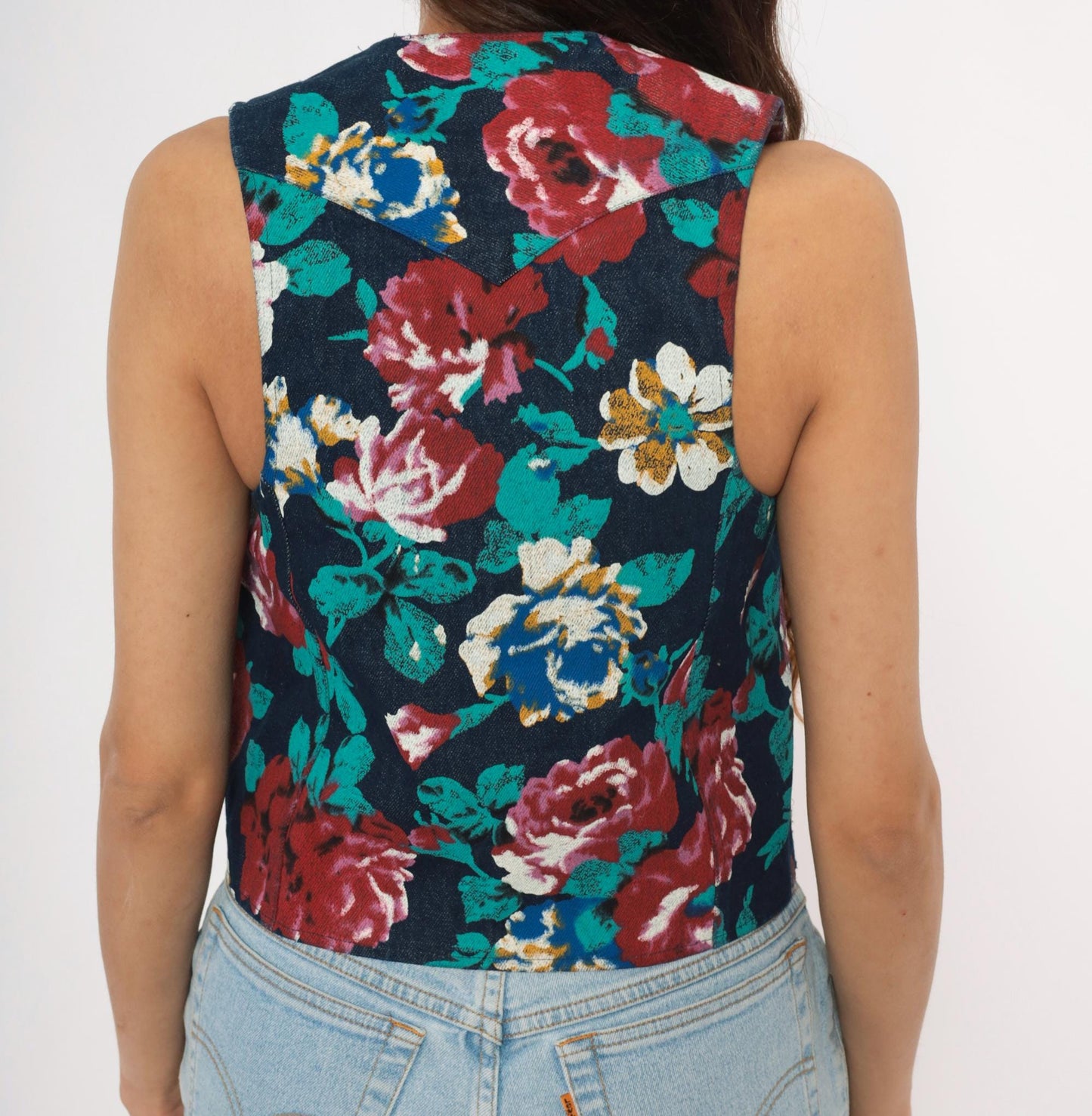 90s Tru-West Floral Denim Vest Navy Rose Teal V-Neck Pointed Hem Extra Small XS
