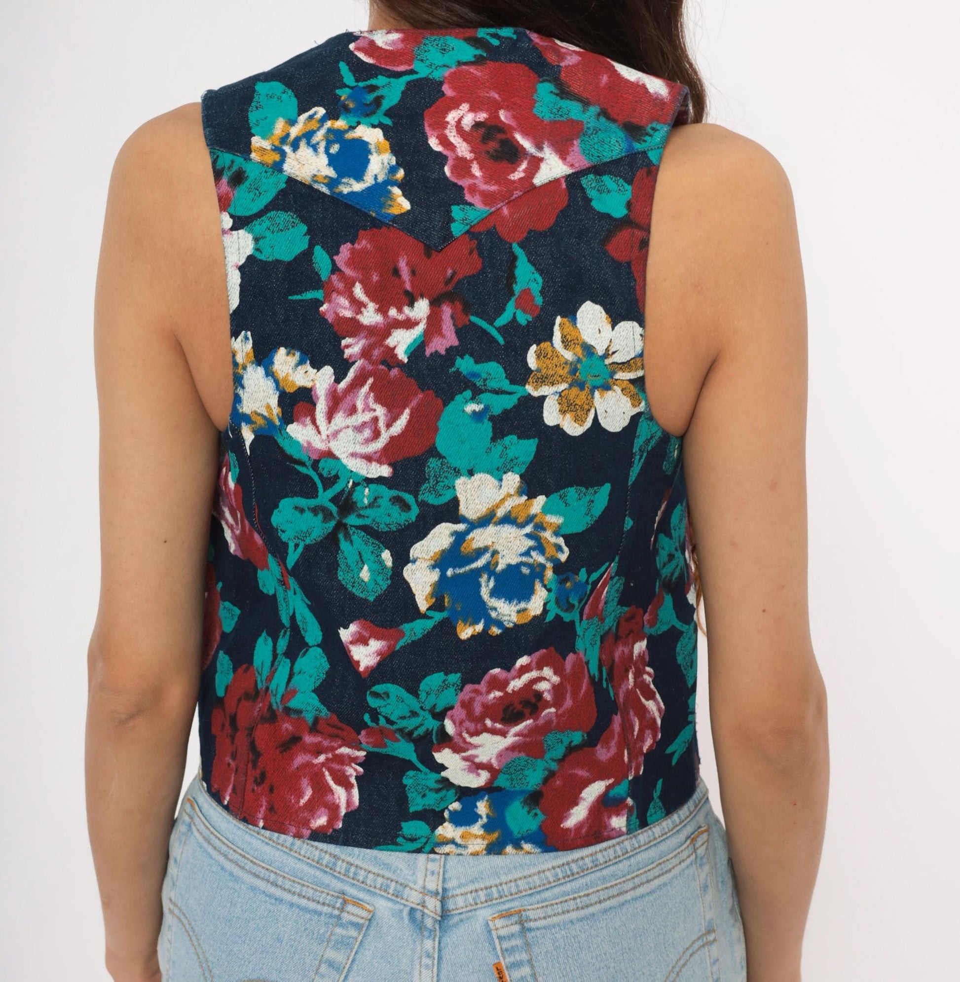 90s Tru-West Floral Denim Vest Navy Rose Teal V-Neck Pointed Hem Extra Small XS