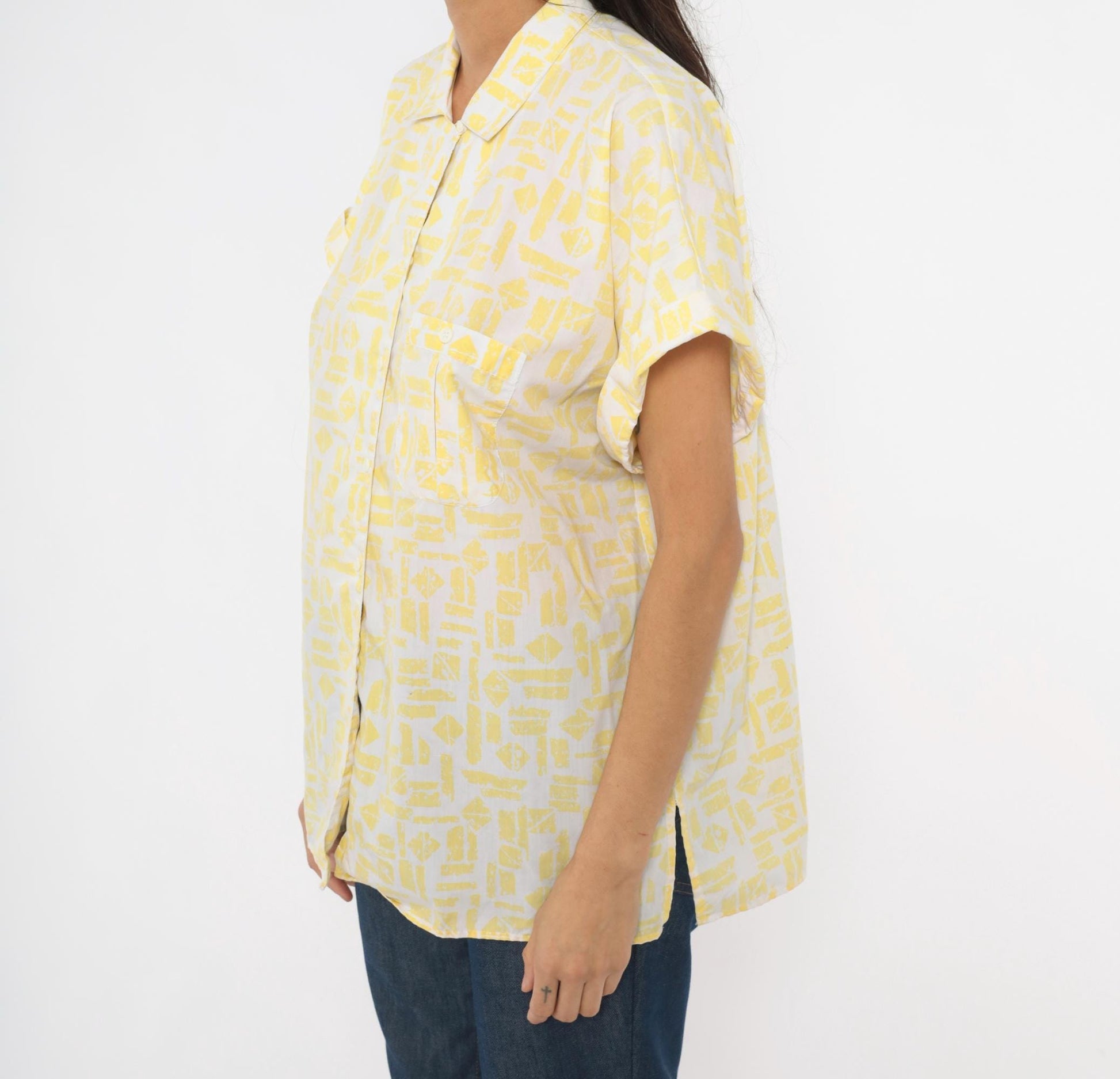 90s Golden Wings Abstract Geometric Shirt Yellow White Collared Blouse Large L