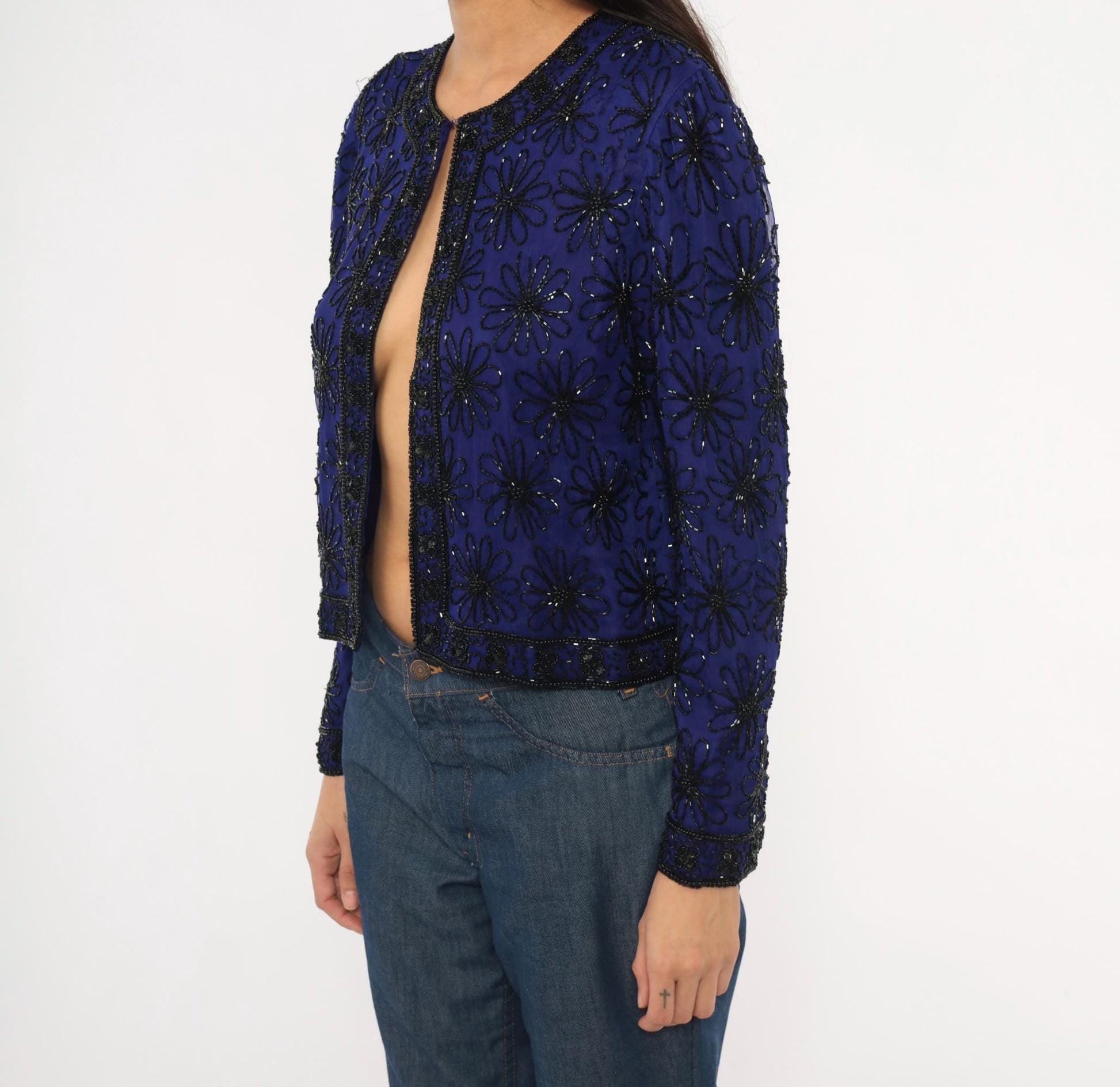 90s Stenay Silk Cropped Jacket Navy Beaded Floral Sequin Small