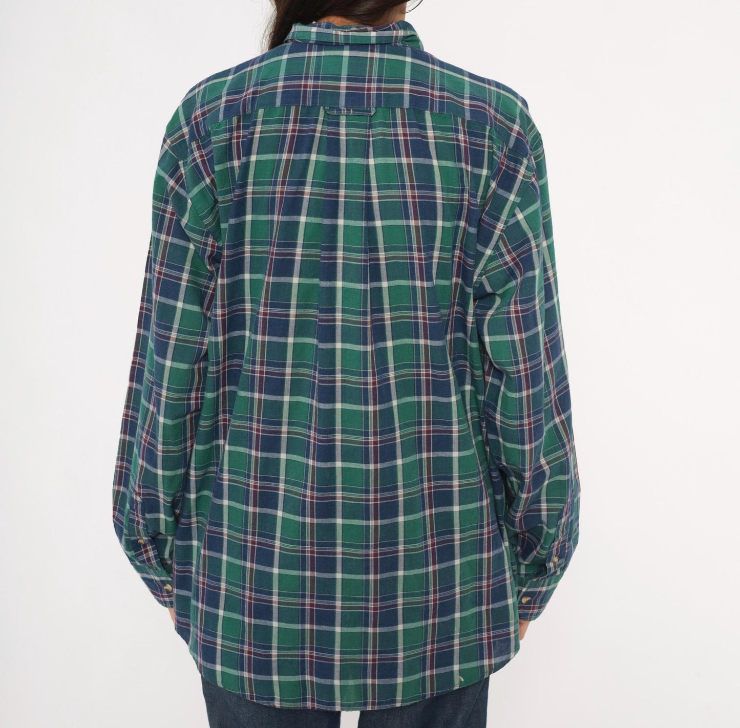 80s McGregor Plaid Flannel Button-Down Shirt Forest Green Navy Tartan Large L