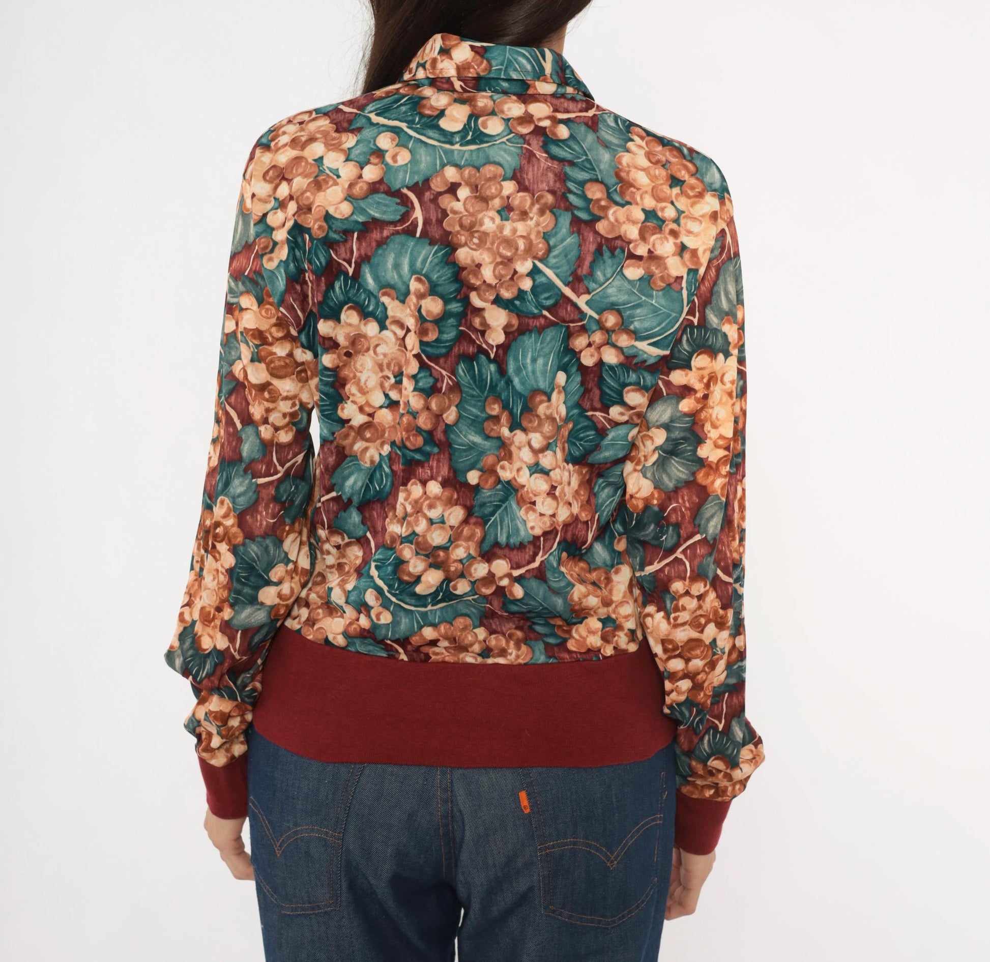 70s Grape Vine Button Blouse Burgundy Teal Pointed Collar Long Sleeve Medium