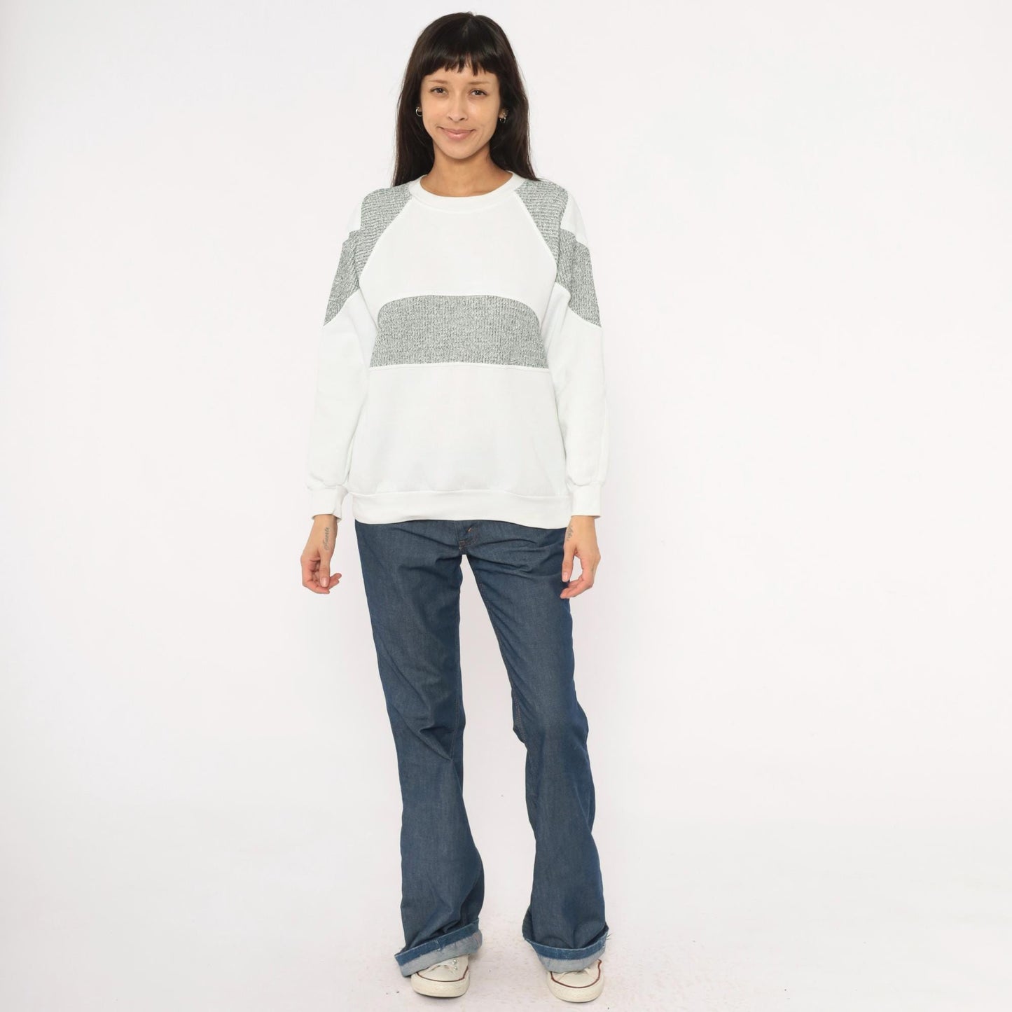 90s Fashion Force Color Block Sweatshirt White Grey Marled Raglan Large L