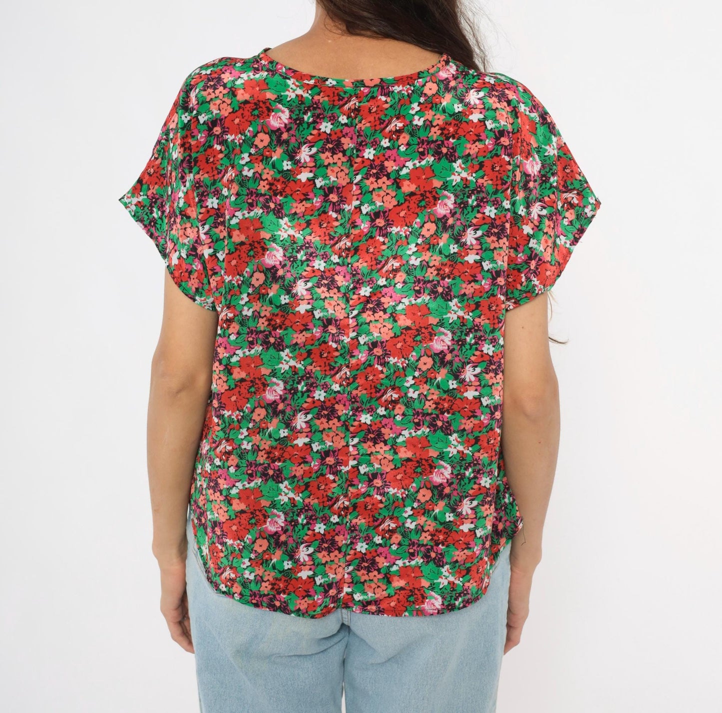 90s Jennifer Lloyd Floral Blouse Red Green Garden Print Cap Sleeve Medium