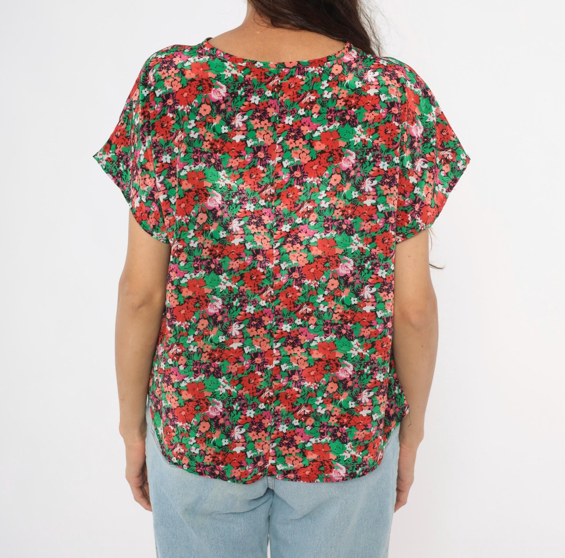 90s Jennifer Lloyd Floral Blouse Red Green Garden Print Cap Sleeve Medium